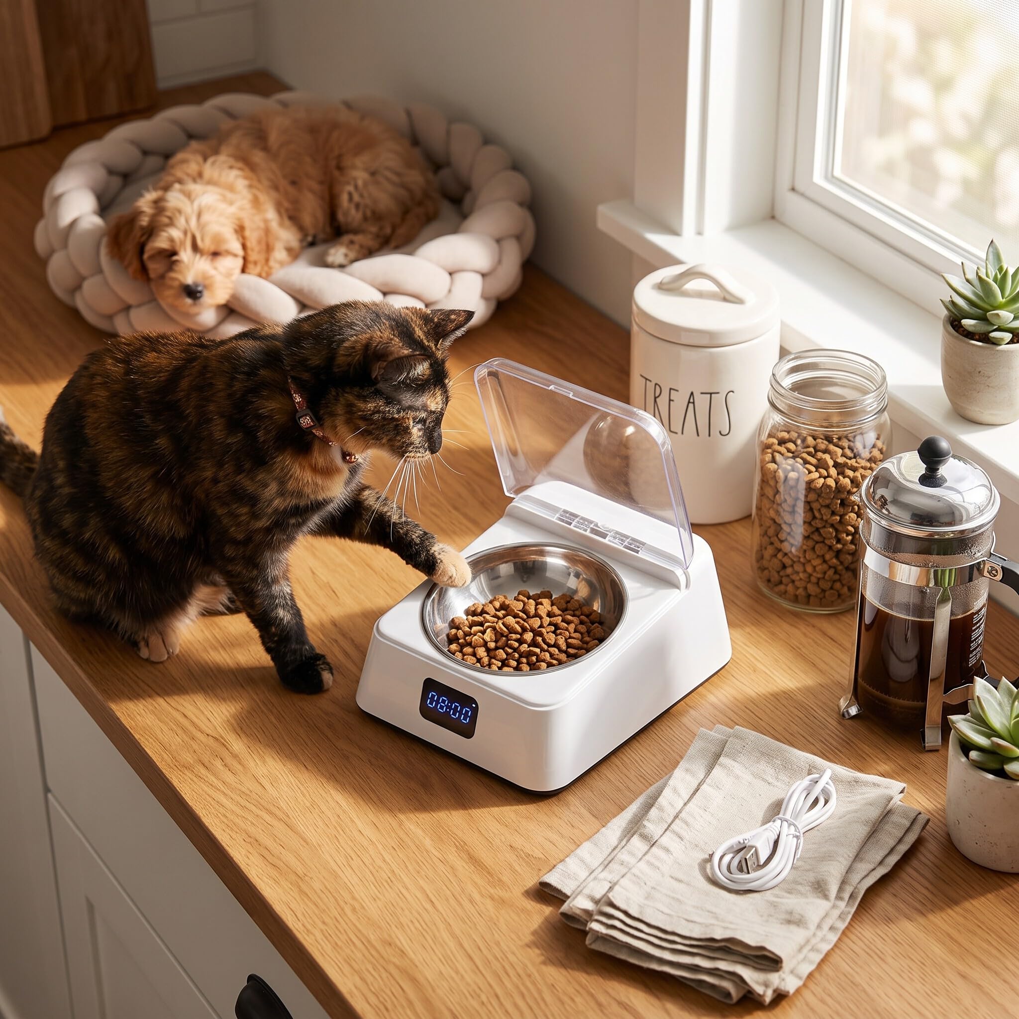 Automatischer Intelligenter Katzen Futternapf mit IR-Induktion, 350ml, Empfindlicher Futterspender mit Deckel für Kleine Haustiere