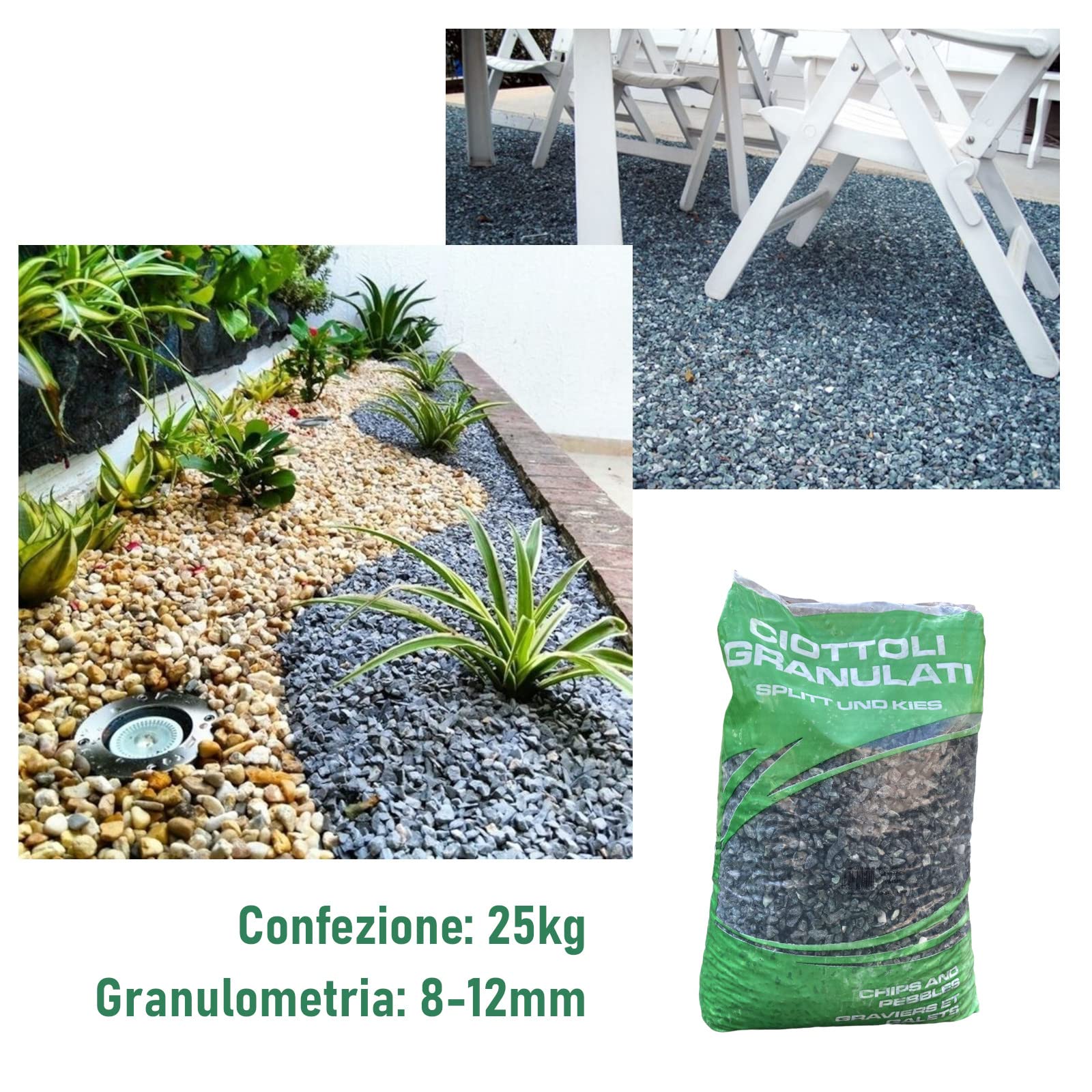 Ghiaia Decorativa Granulato Verde Alpi per Esterno Interno Giardino Vaso Granulometria 8-12mm Confezione 25kg