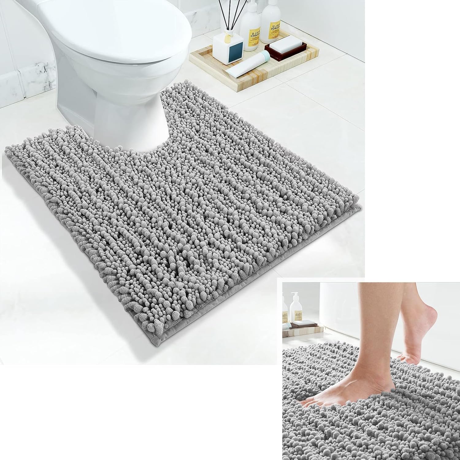 Yimobra Original Luxury Shaggy Bath Mat Large Size 32 by 20Inches + U-Shaped 24 X 20 Inches, Soft and Cozy, Super Absorbent Water, Non-Slip, Machine-Washable, Thick Modern for Bathroom Bedroom, Gray