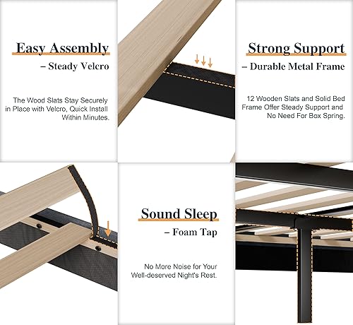 Miniatura 7 de SUNLEI Base de cama con cabecera de almacenamiento con respaldo de ala, marco de cama de tamaño matrimonial con estación de carga y tela de