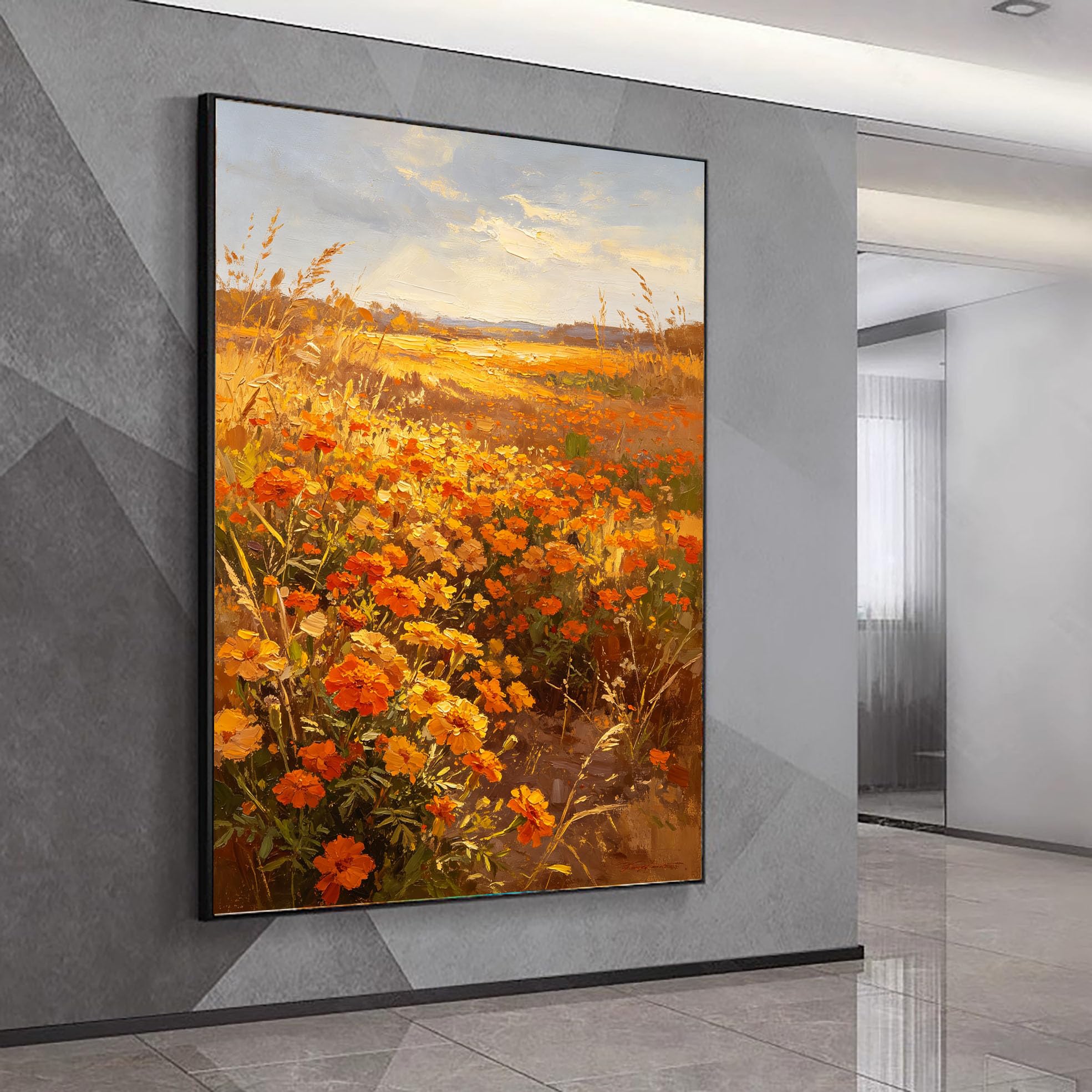 LCDIUDIU Dipinto Ad Olio Su Tela, Paesaggio Materico Dipinto A Mano, Senza Cornice, Autunnale, Fiori Selvatici, Prato Dorato, Tramonto, Opera D'Arte Rurale E Pastorale per La Decorazione Della Casa