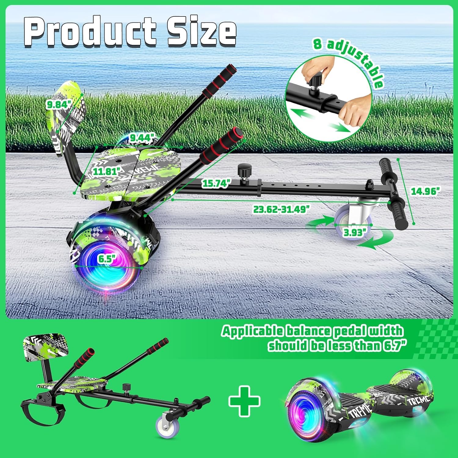 SISIGAD Hoverboard avec fixation de siège – Kit de conversion Go Kart – Roues de 16,5 cm – Hover Board pour enfants avec haut-parleurs Bluetooth – Scooter électrique auto-équilibré pour filles et