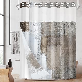 No Hook Shower Curtain with Snap in Liner 71x74 Inch Grey Brown