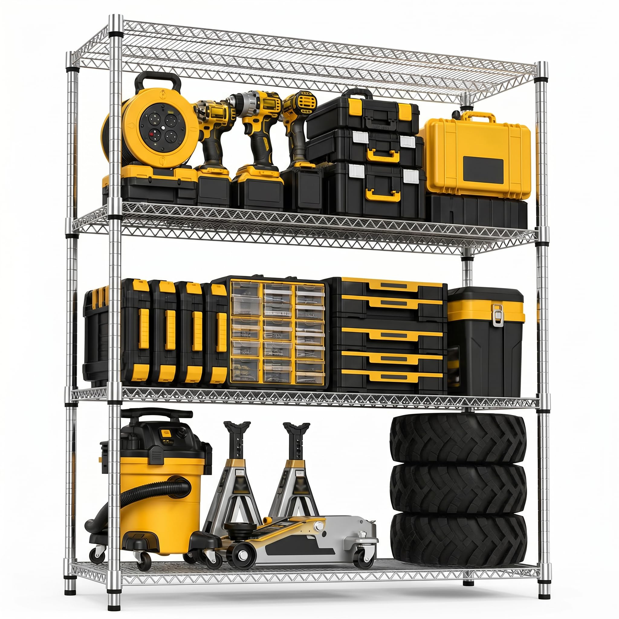 M MZG 4-Shelf Storage Unit With Height Adjustable Shelves and Levelling Feet for Garage Bedroom Living Room Kitchen Pantry 1198.6 kg Max Weight 45 x 150 x 178.7 cm Chrome