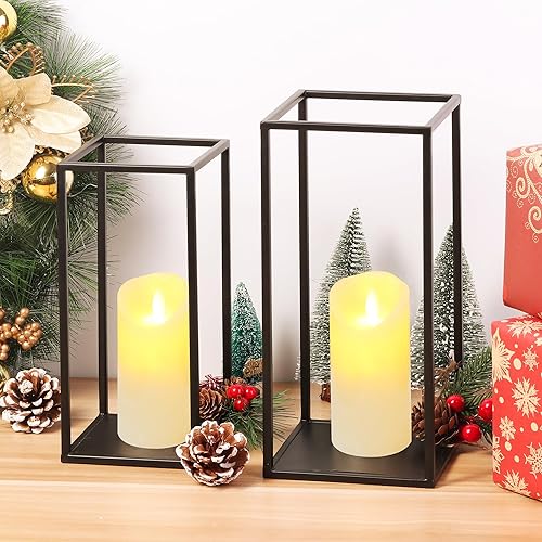 Miniatura 8 de Eufrozy Lanterns - Juego de 2 portavelas decorativos para interiores, farol de metal negro, decoración moderna de farol de granja para Navidad, sala