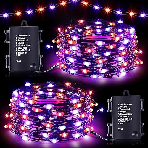 Hiboom Paquete de 2 luces de Halloween naranjas y moradas, 16.4 pies, 50 LED, 8 modos de luces de hadas que funcionan con pilas para bricolaje,