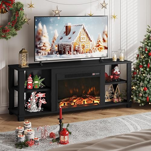 JUMMICO Fireplace TV Stand with 23" Electric Fireplace, Entertainment Center Console Table with 4 Shelves and Storage Cabinet, Modern Wood Entertainment Stand for TV up to 65" for Living Room(Black)