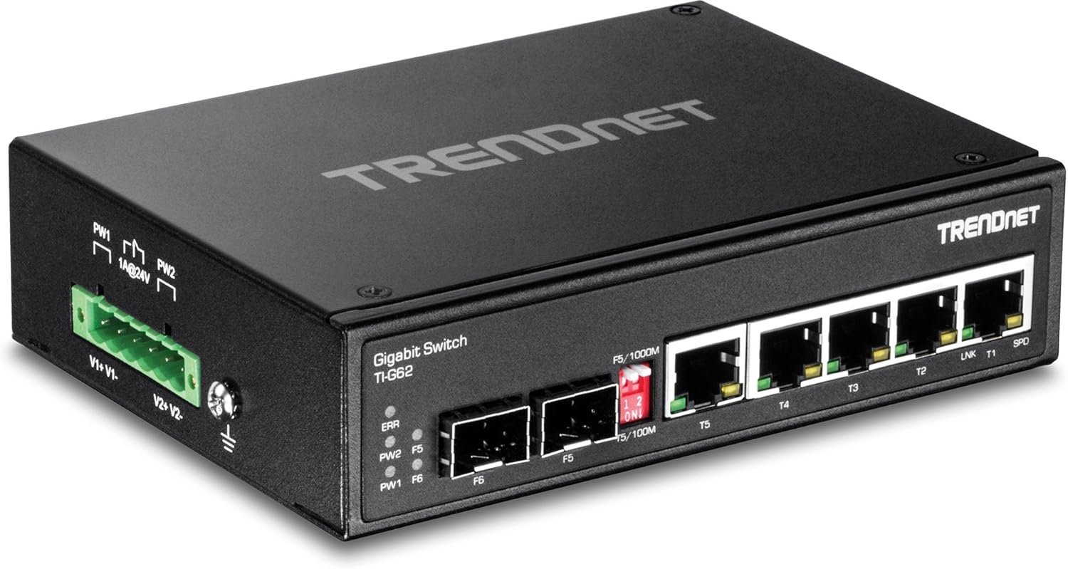 TRENDnet 7-Port Industrial Gigabit DIN-Rail Switch, TI-G62, 5 x Gigabit Ports, 2 x Gigabit SFP Ports, IP50 Weather Rated, 14Gbps, NDAA TAA Compliant, Lifetime Protection TI-G62
