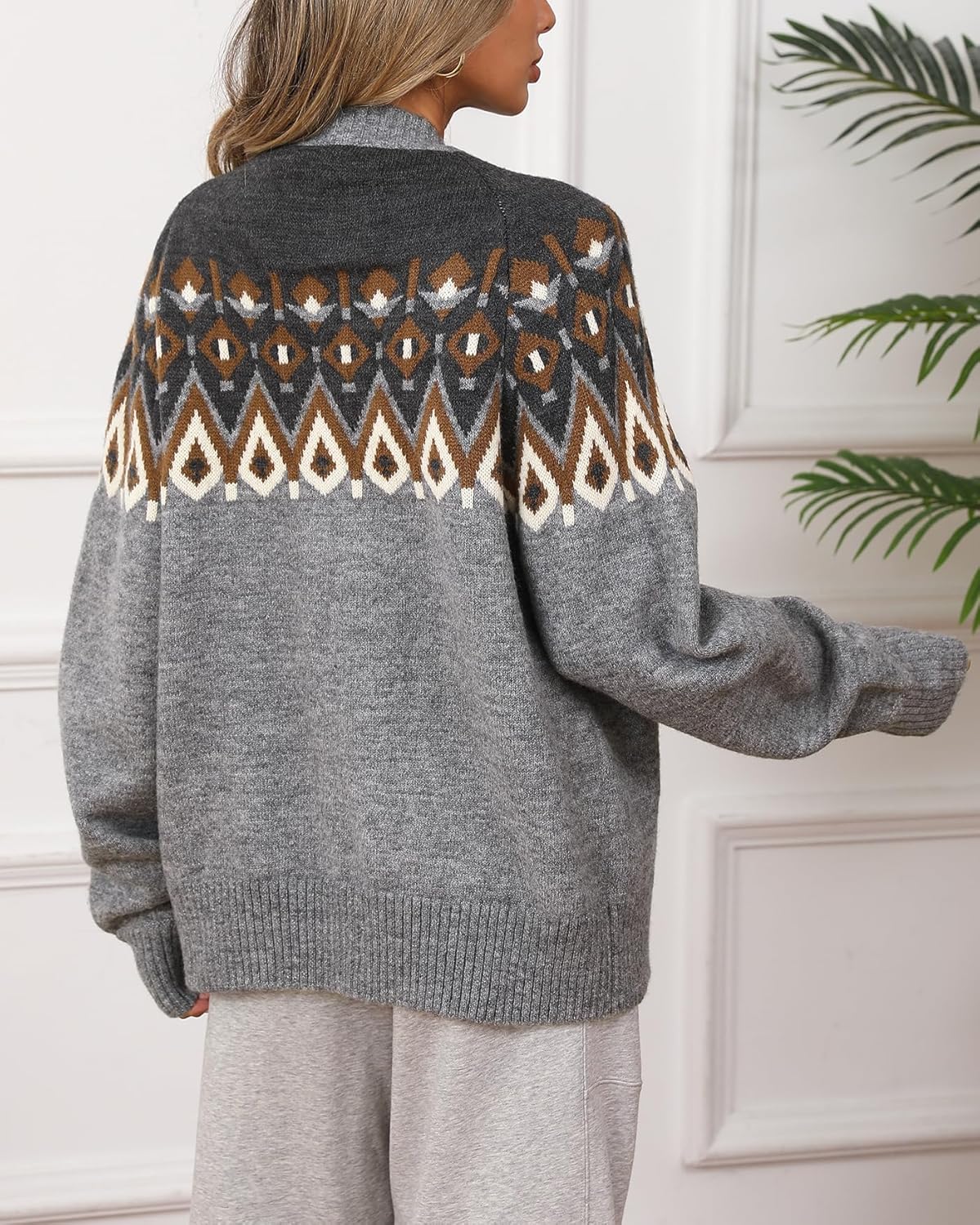 Women's Chunky Sweater Cardigan Crew Neck Long Sleeve Button Fron Fair Isle Christmas Sweater Coats - Image 2