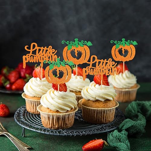 Miniatura 6 de Ercadio Paquete de 24 adornos para cupcakes de calabaza con purpurina con temática de otoño, pies de bebé, decoración de cupcakes de calabaza para