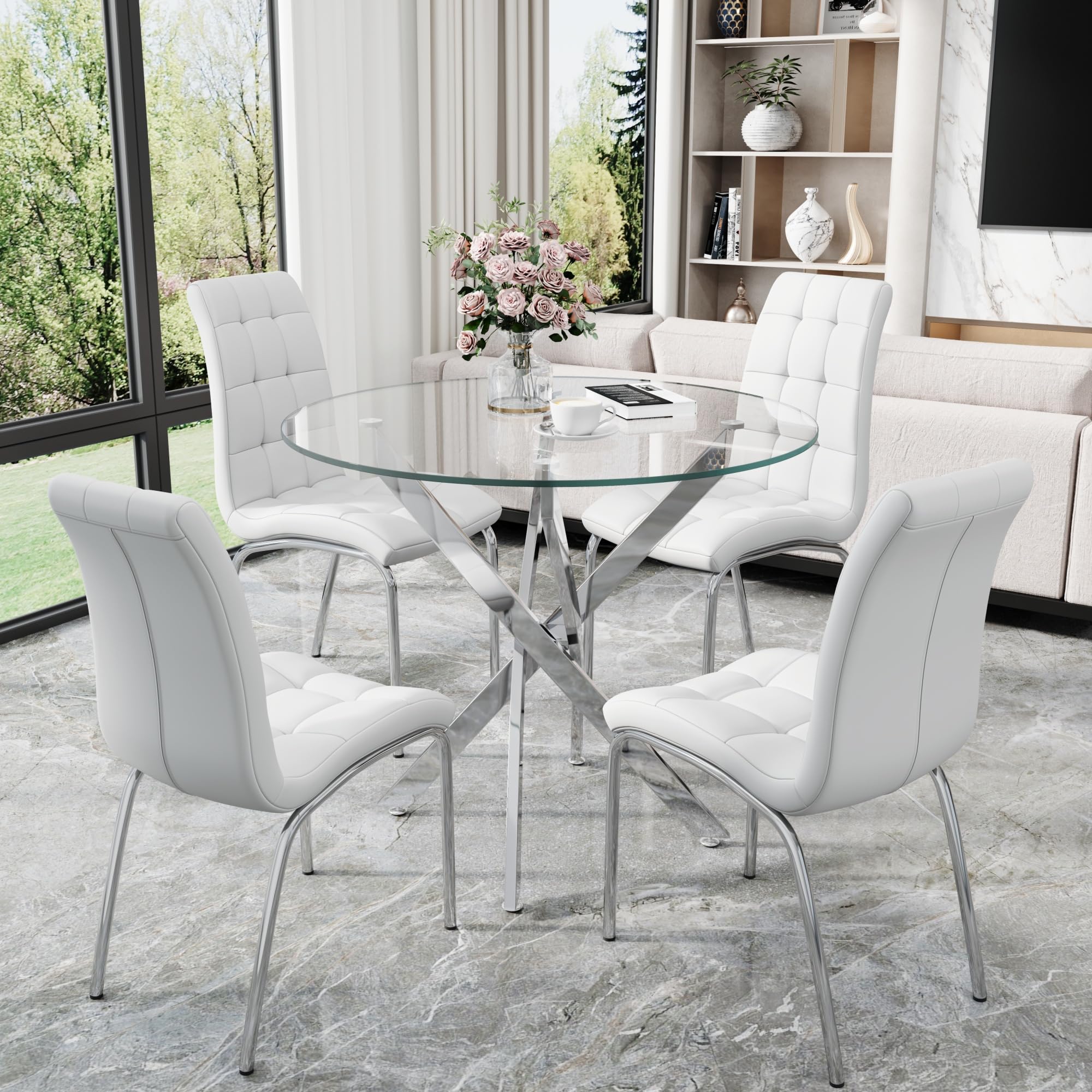 5 Piece Round Glass Dining Table Set, Round Tempered Glass Kitchen Table Set for 4, Modern Table Set with 4 High-Back Upholstered Chairs for Kitchen