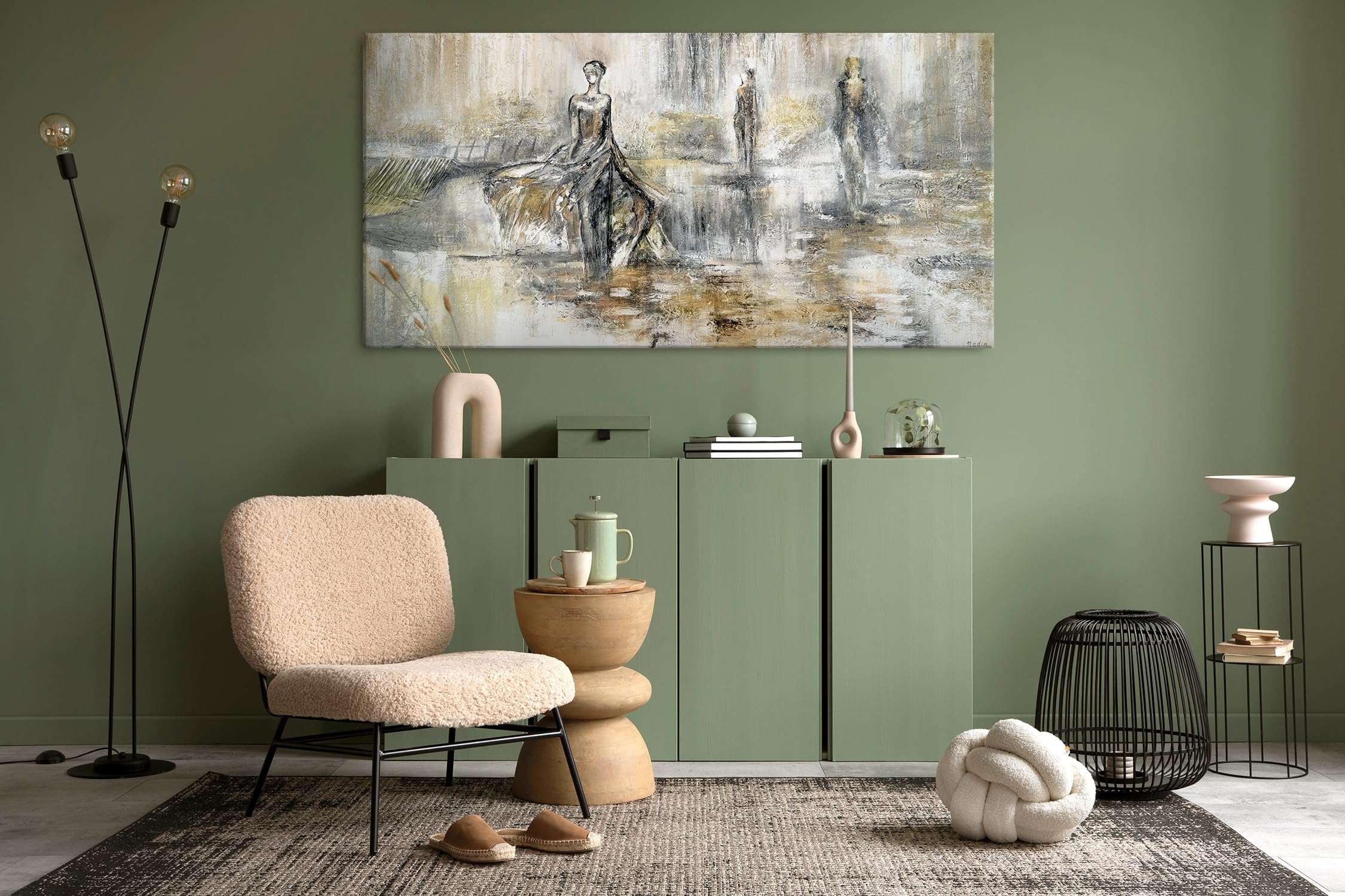YS-Art Pittura acrilica su tela Dipinta a mano sfilata di moda D'arte astratta con figure umane in colori grigio-beige Immagini 200x100 cm : YS