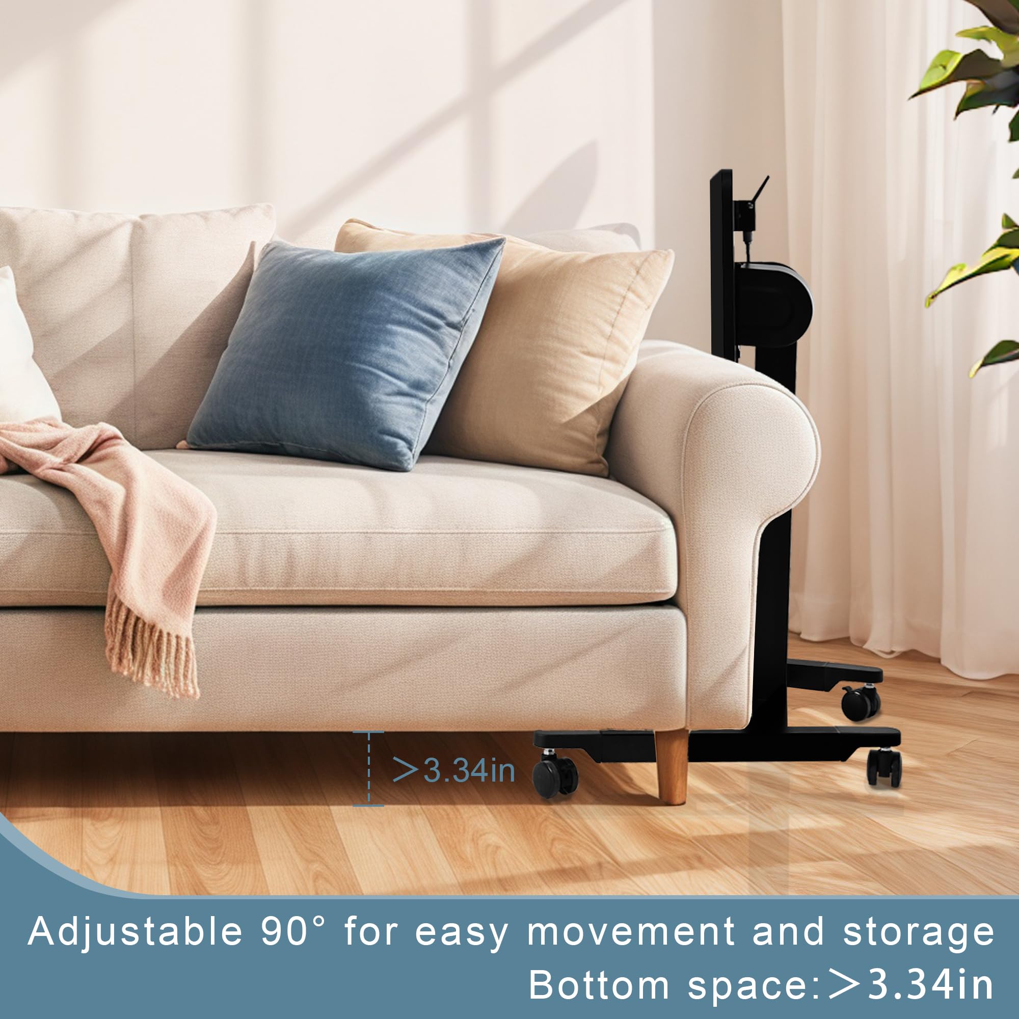 Fromann Mesa neumática ajustable para cama con ruedas, plegable, altura de elevación del pedal ajustable de 73,5 a 110 cm, para sala de estar, dormitorio (color negro)