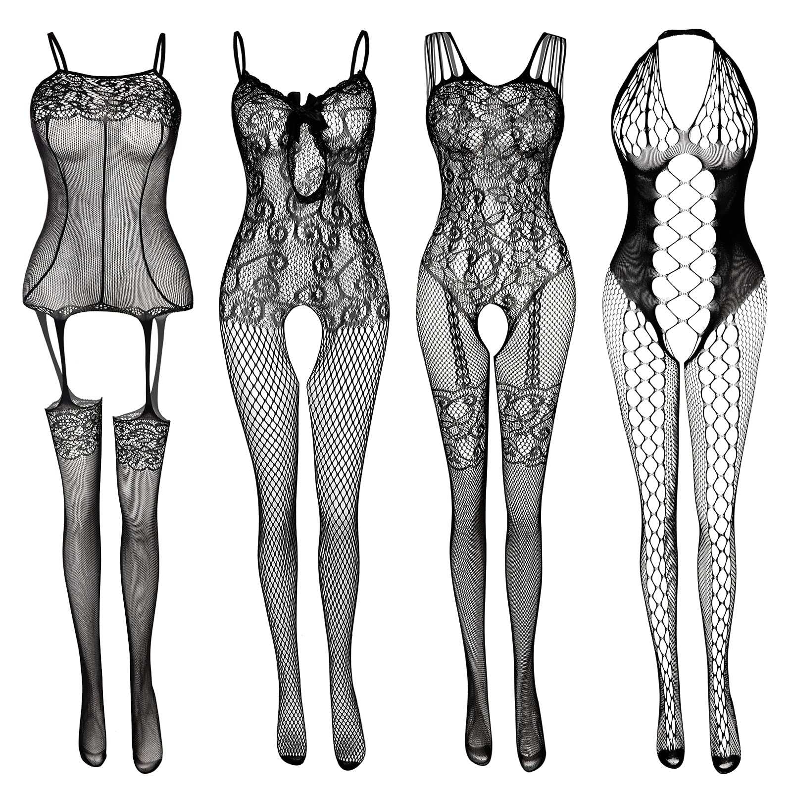 Damen Fischnetz Bodys Dessous Nachtwäsche Spitze Strümpfe Blumen für Romantische Datum Tragen Reizwäsche Schwarz (4Pack)