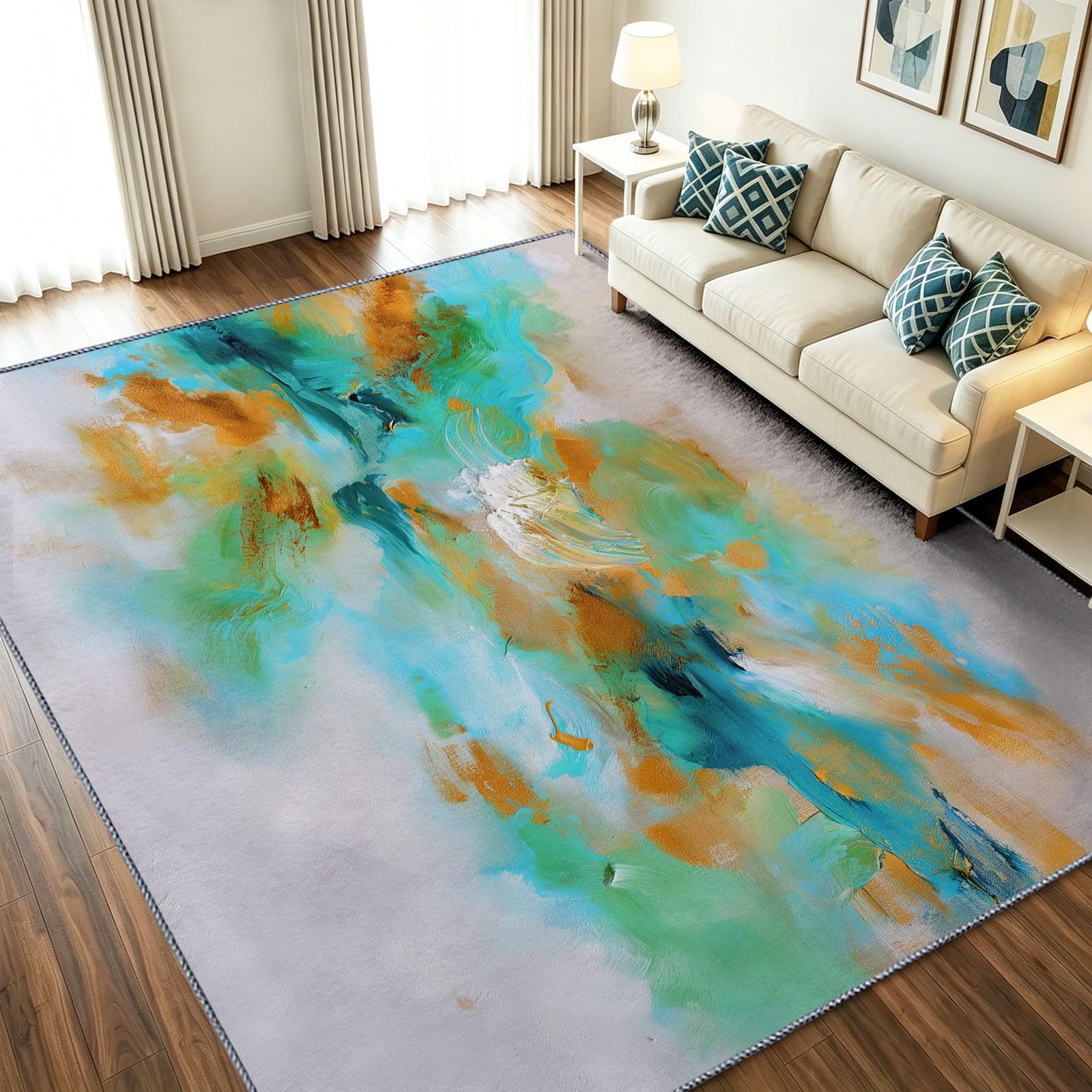 Tapis blanc 90x150 cm lavable style aquarelle abstraite à poils courts antidérapant