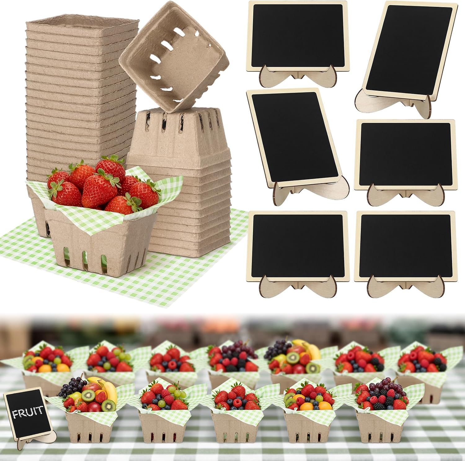 24 Set Farmer Market Decoration Farm Stand Supplies,Green | Natural Pulp Fiber Berry Basket, Mini Chalkboard Sign, Deli Paper Sheet, for Strawberry Fruit Vegetable Farmer Grocery
