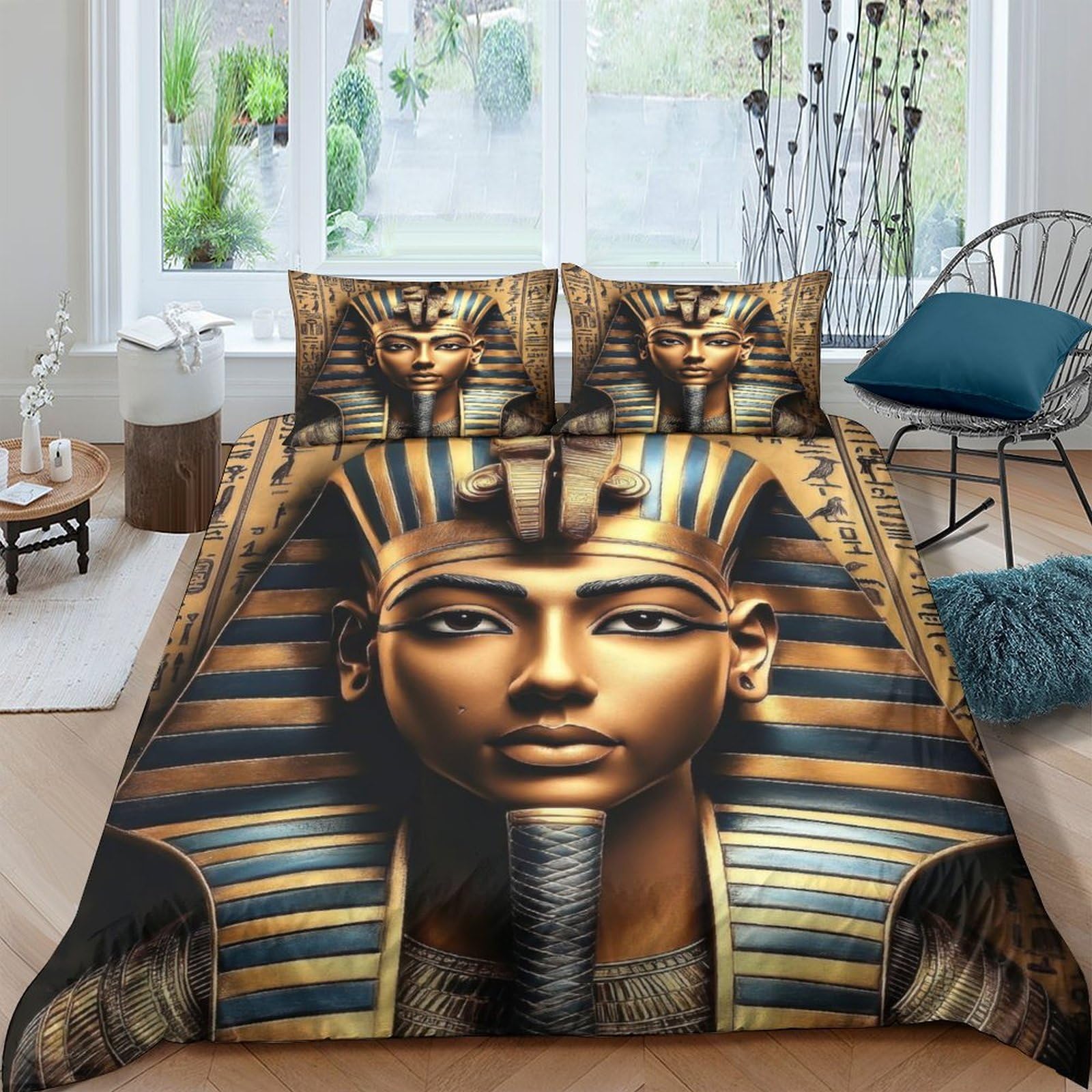 Ctjqhvkz Style-6 3D Printed Egyptian Pharaoh Fitted Sheet Microfiber Soft Breathable Ancient Gold Mask Mattress Cover For Bedroom Decor Single（135X200cm）