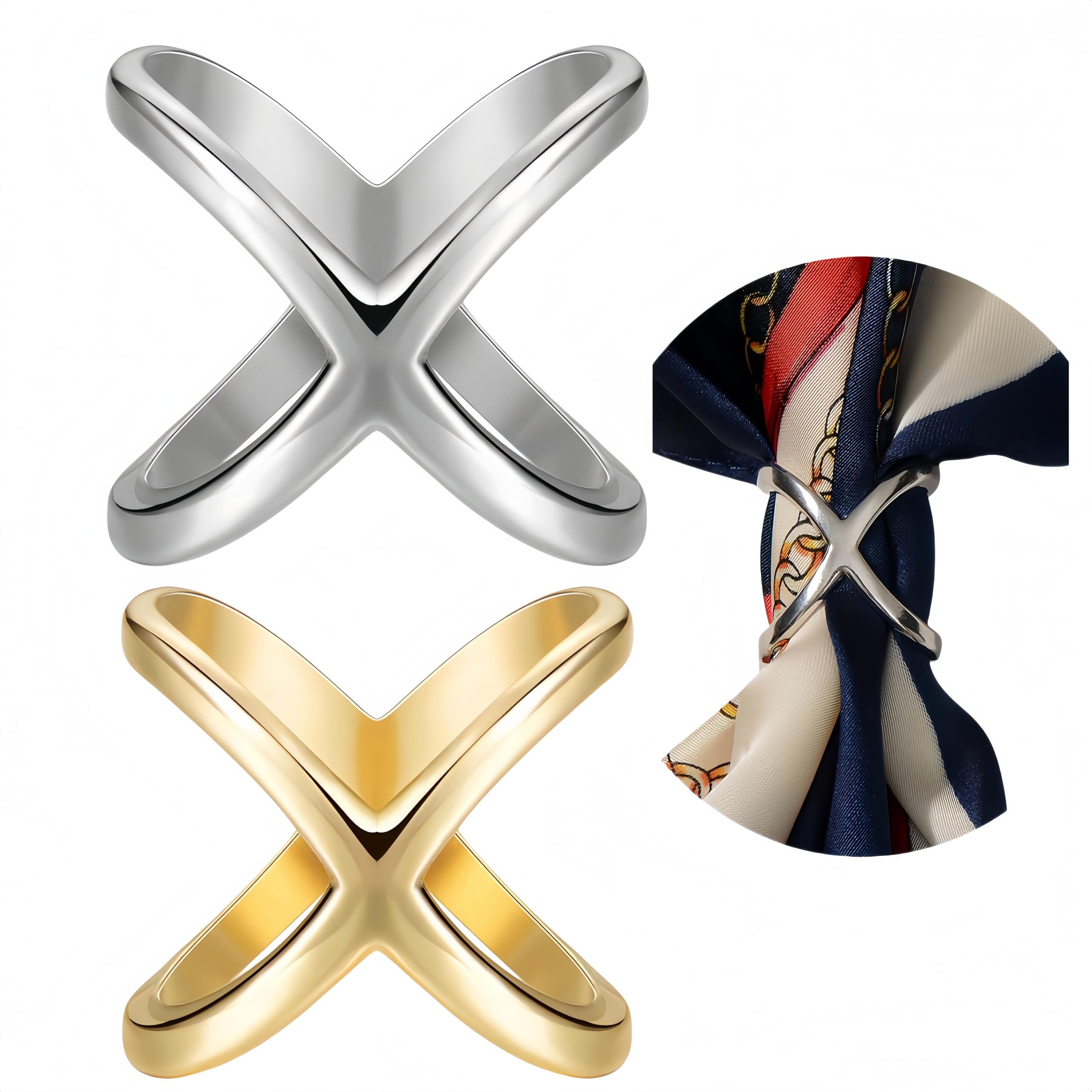 SYWDUDUCLT Scarf Ring for Women's Shawl, Silk Neckerchief, Tshirt, Gold/Sivler, S/M/L, 2 Pcs