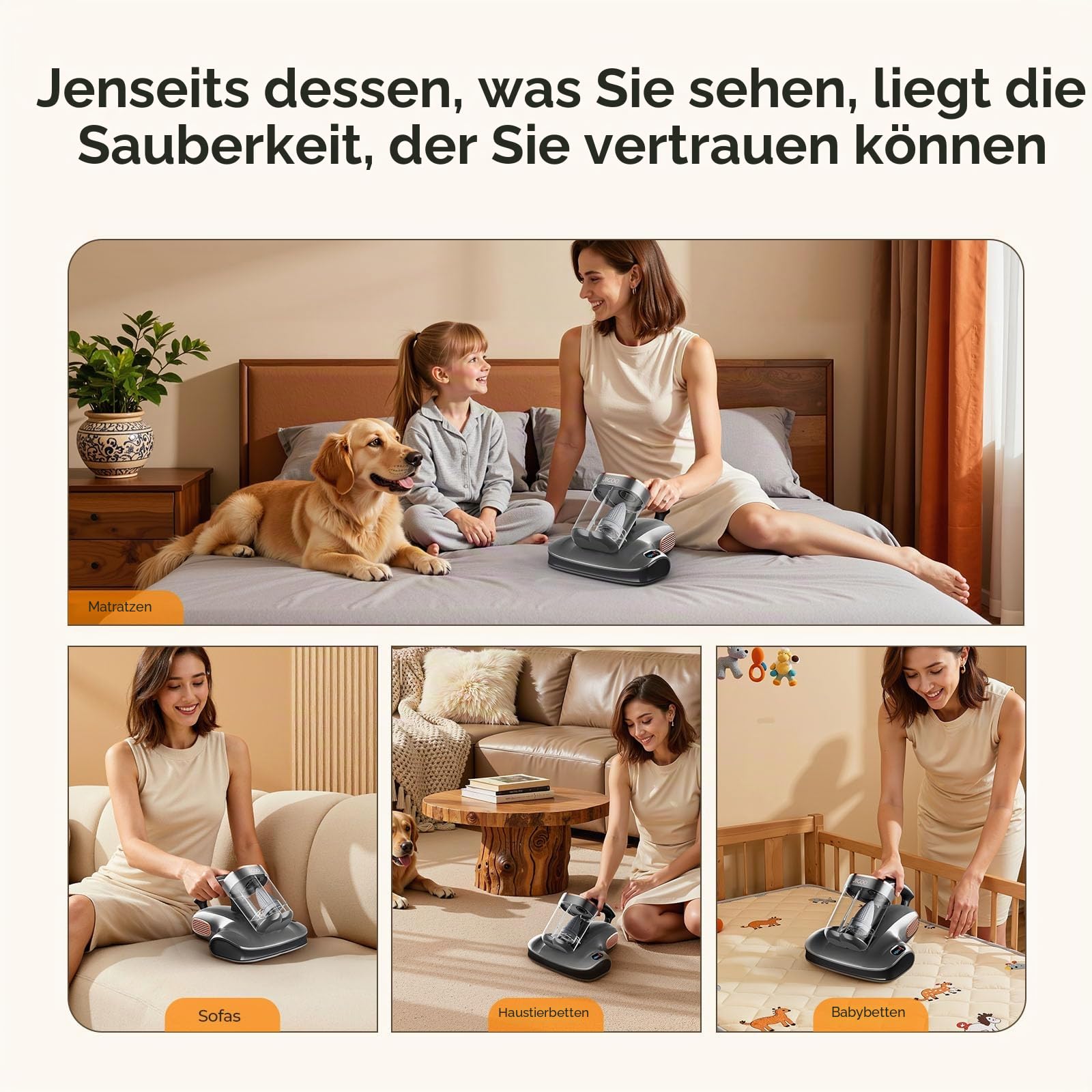 JIGOO S100 Kabelloser Matratzenstaubsauger: Tiefenreinigender Milbenstaubsauger mit UV-Licht gegen Allergene, 80000 U/min Klopftechnik für Matratzen/Kinderbetten/Sofas/Haare
