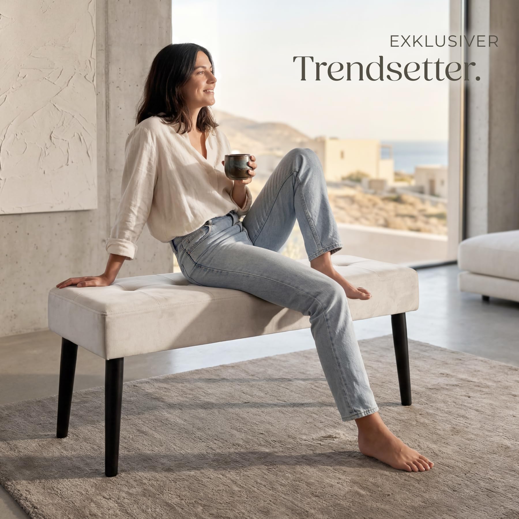 TecTake® Sitzbank, 95 x 38 x 45 cm, edles Steppmuster, belastbar bis 220 kg, gepolstert, bodenschonende Kappen, pflegeleicht, Polsterbank, Bank, Sitzgelegenheit, Flurmöbel - Samtoptik Taupe