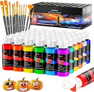 Caliart Acrylic Paint Set: 36 Colors (2oz/59ml) with 12 Brushes - Non-Toxic Art Supplies for Canvas, Wood, Rock, Ceramic Painting Beginners Adults