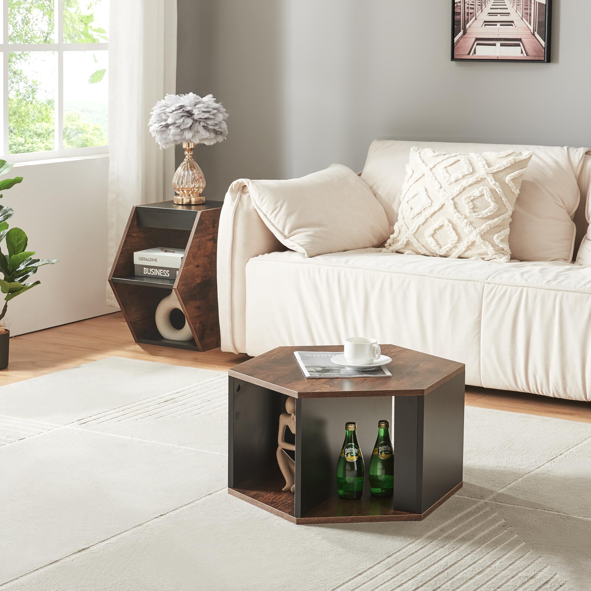[en.casa] Set de 2 Mesas de Centro Molde Conjunto de Mesas Hexagonales de Posición Horizontal y Vertical con Compartimentos para Salón Oficina Aglomerado - Negro/Efecto Nogal