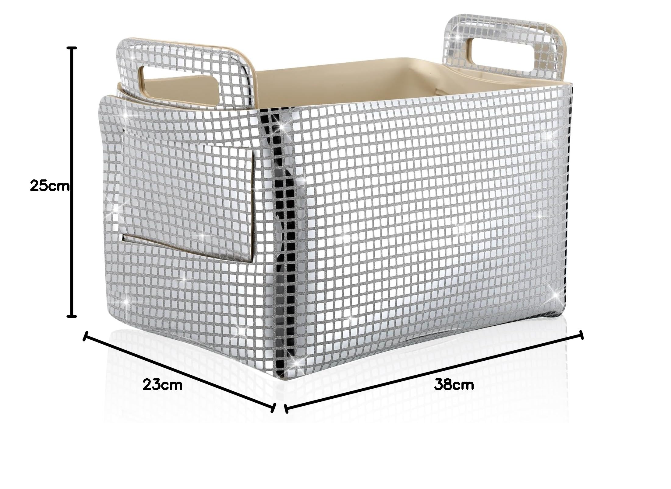 Geelin Discokugel-Aufbewahrungskorb zum Organisieren, 38,1 x 25,4 x 22,9 cm, glitzernd, silberfarben, faltbarer Stoff-Aufbewahrungskorb mit Tragegriff für Regale, glitzernder Filzkorb, Organizer für