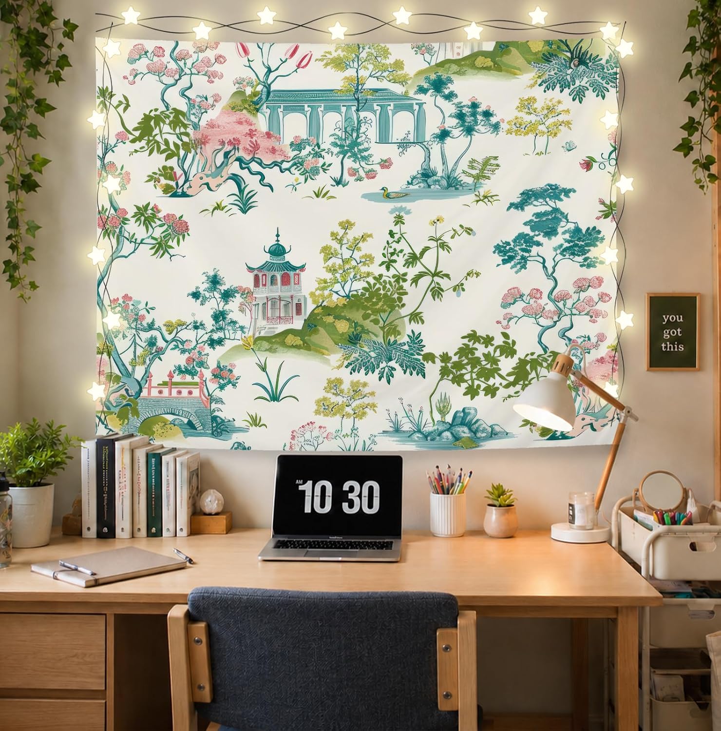 Elpwk Green and Blue Chinoiserie Tapestry Wall Decor 50x60 Inch | Vintage Teal Green Pink Pagoda Tapestry, Oriental Garden Landscape Tapestries Wall Blanket for Home Bedroom Room Decor