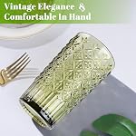 Joeyan Vintage Drinking Glasses, 400ml/14oz Embossed Highball Glass Water Tumbler with Square Candy Plaid, Colored Tall Glassware Beverages Cup Set for Water, Juice, Beer, Cocktail, Set of 4, Green