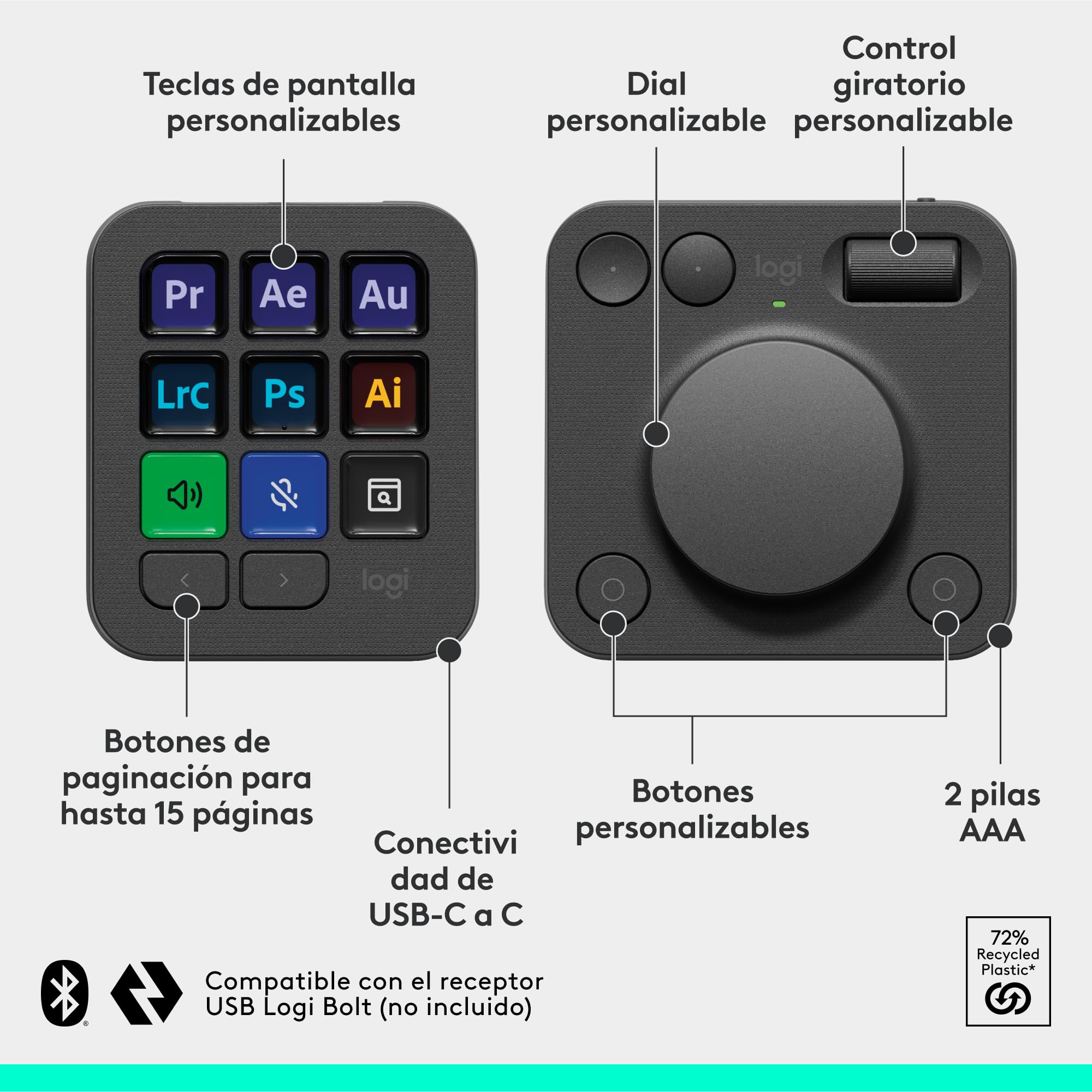 Logitech MX Creative Console, keypad programable | 9 teclas LCD, dial control, diseño gráfico, edición vídeo, fotografía, compatible Adobe, Zoom, Spotify - Grafito