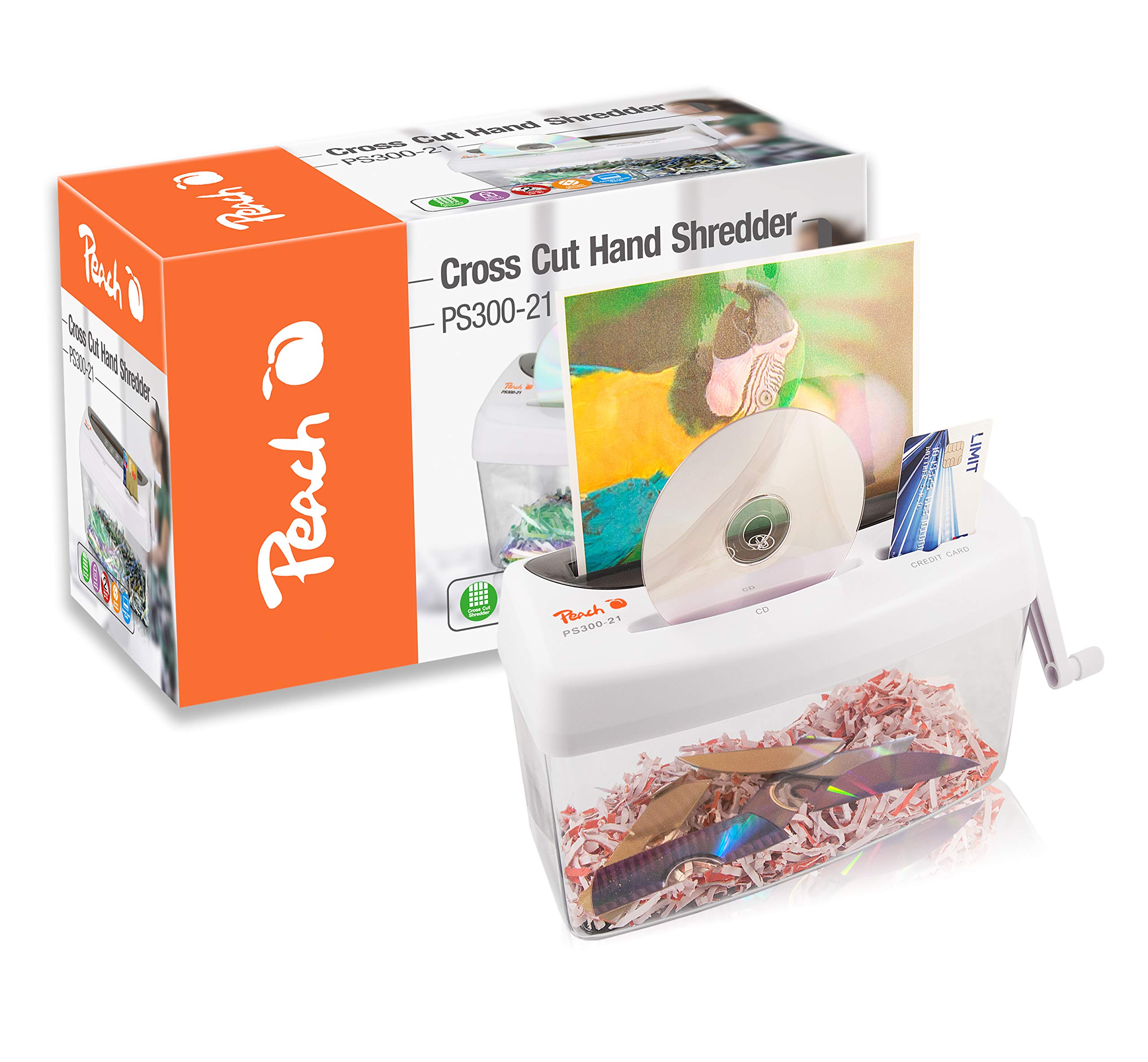 Peach Particle Cut Shredder – 1 Sheet – 4 L – P-4 – Paper CDs and Credit Cards – Manual Cross Cut – Power Independent – DSGVO 2018 – PS300-21A