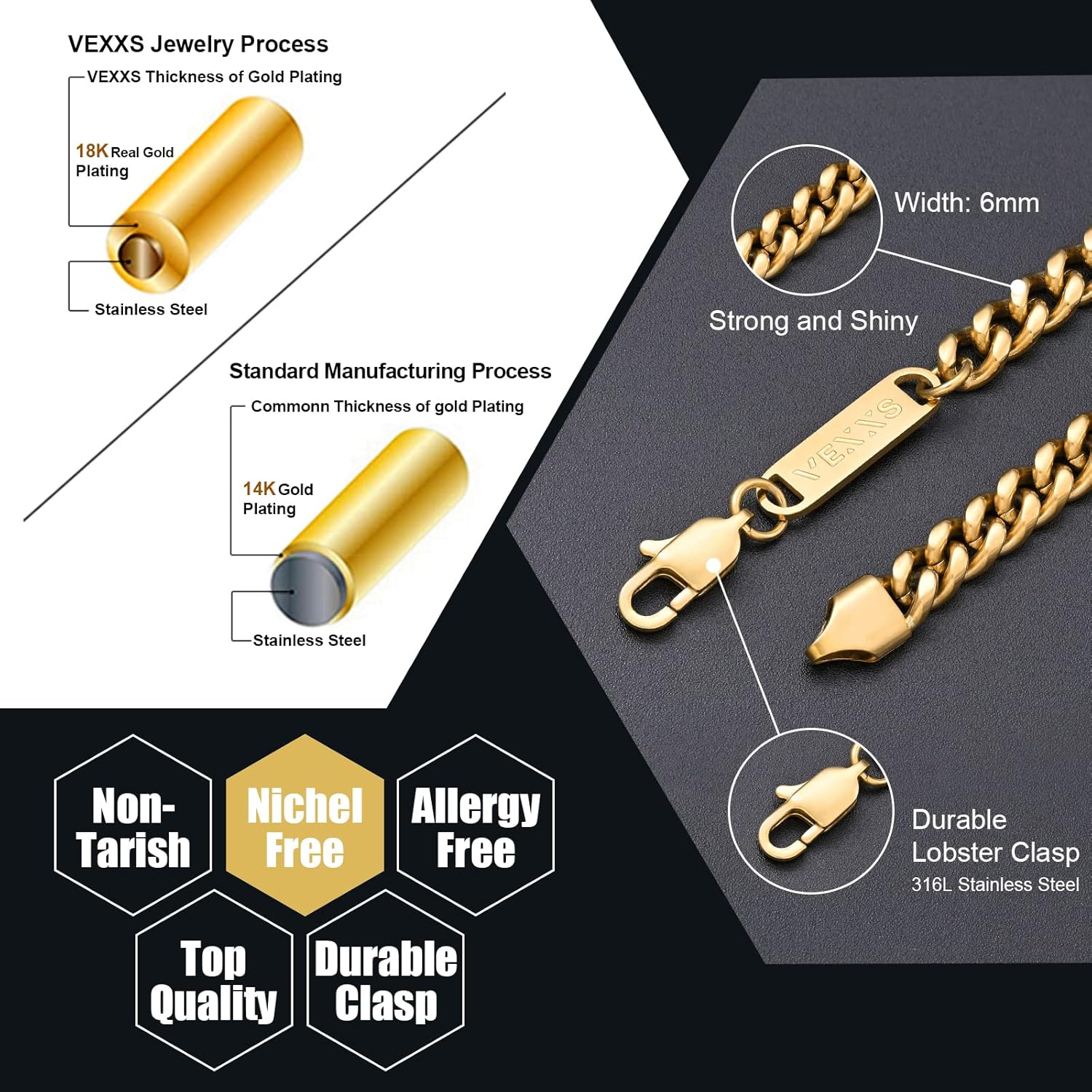 VEXXS Men's Gold Chain,18K Real Gold Plated Cuban Link Chain, Durable No Color Fading 3mm 4mm 6mm Men’s Necklace - Image 2