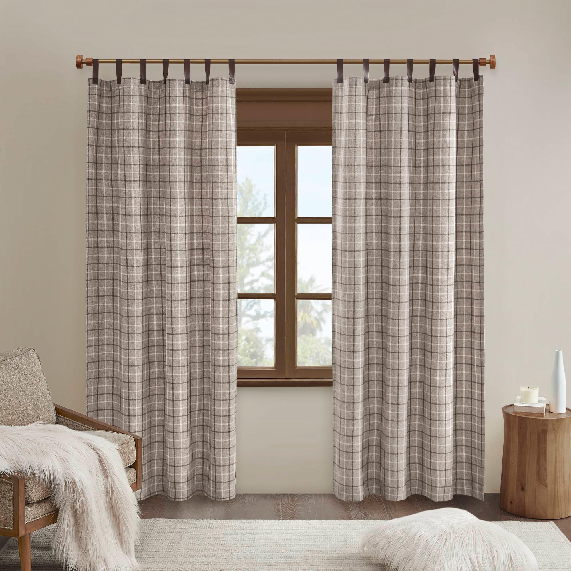 Madison Park Plaid Window Curtain, 1 Panel, 50x84 Brown, Top Tab
