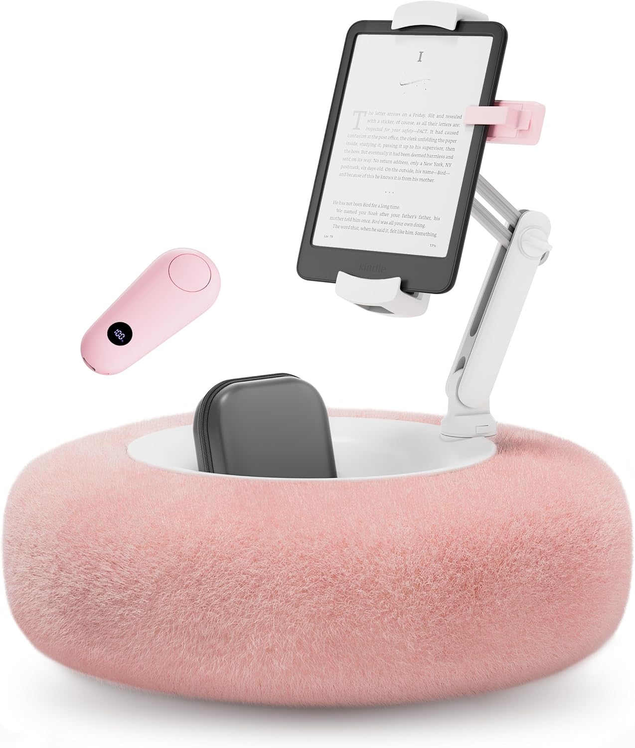 Tablet Pillow Stand with Kindle Page Turner for Reading in Bed, 360°Adjustable iPad Holder with Snack Bowl, ComPatible with 4.7''-13''Kindle Accessories/Paperwhite/iPad/iPhone/Samsung, Pink