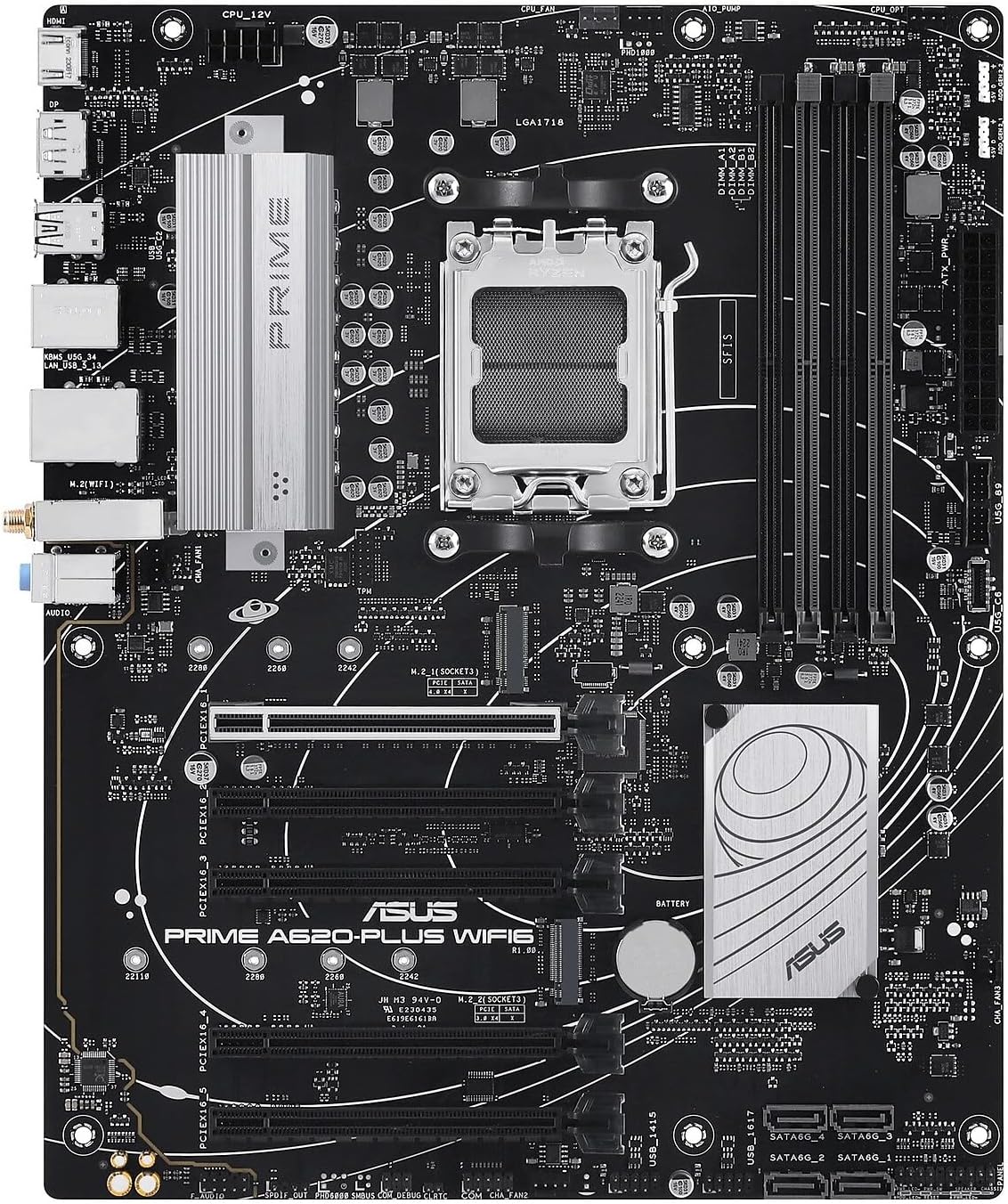 ASUS Prime A620-PLUS WIFI6 AMD A620 AM5 ATX Motherboard, DDR5, PCIe 4.0, Dual M.2 Slots, WiFi 6, DisplayPort/HDMI™, Rear & Front USB 5Gbps Type-C®, SATA 6 Gbps, Two-Way AI Noise Cancelation, Aura Sync