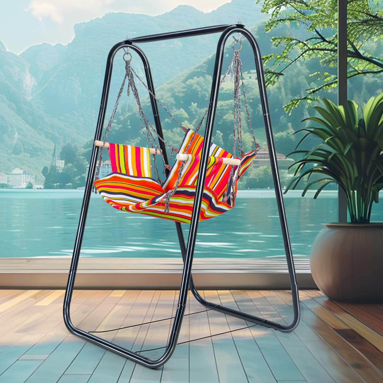 Support de hamac en métal robuste pour intérieur/extérieur, capacité de 136 kg, cadre de balançoire sensorielle pour jardin, terrasse, balcon – (chaise hamac non incluse)