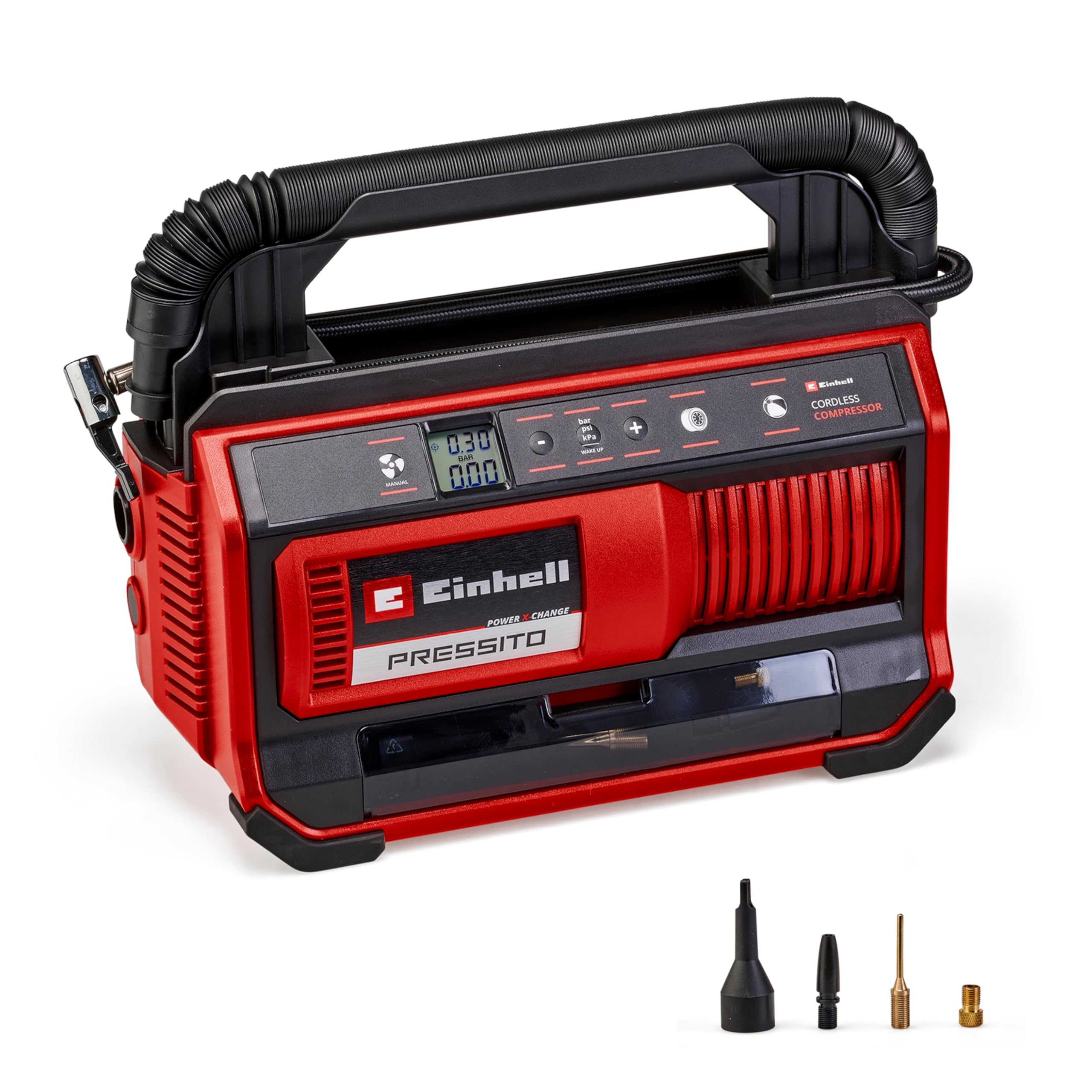 Einhell Compresseur sans fil PRESSITO 18/​25 Solo Power X-​Change (18 V, 11 bar max., kit de 3 adaptateurs inclus) Livré sans Batterie ni Chargeur
