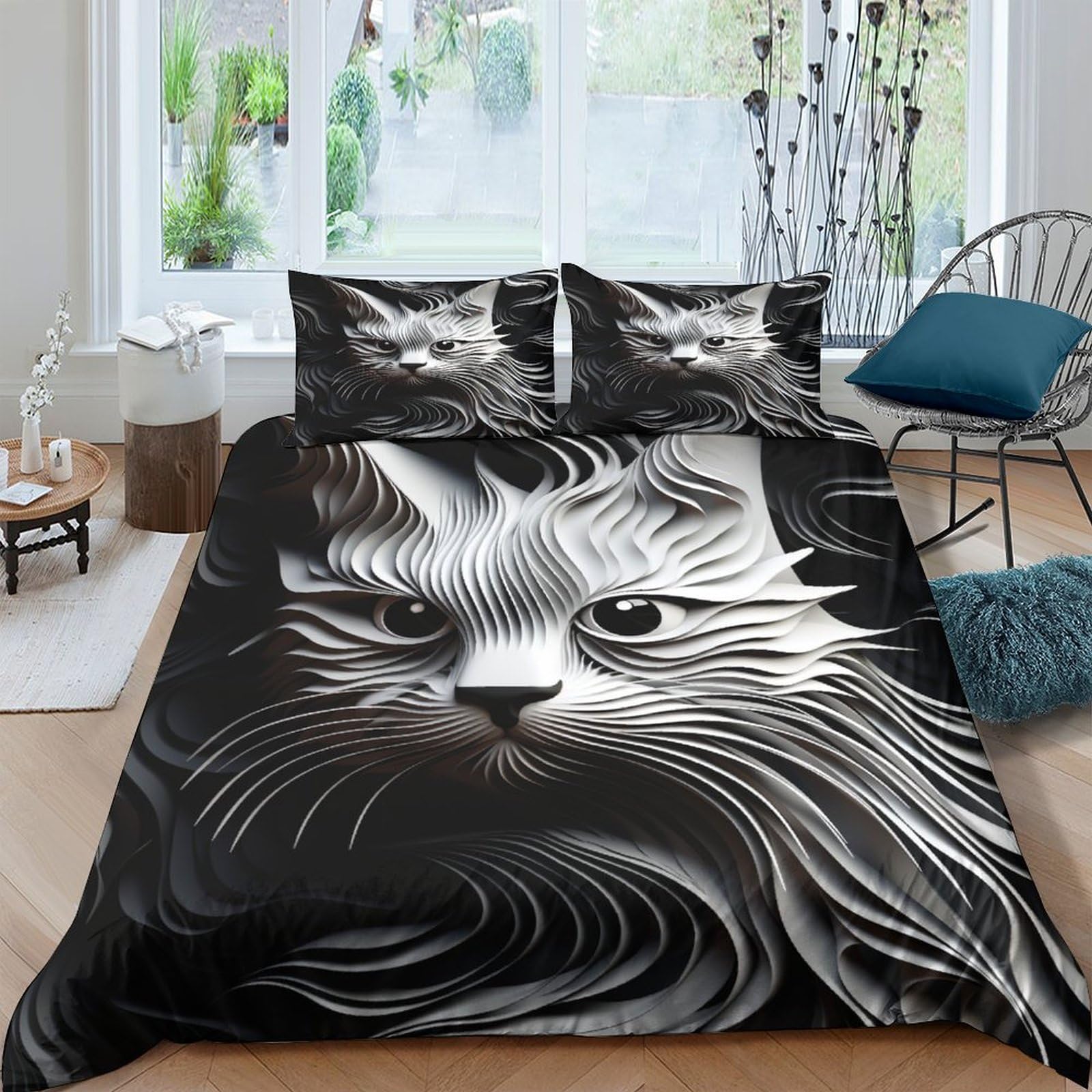 Idée cadeau originale : housse de couette motifs animaux chat pour lit double
