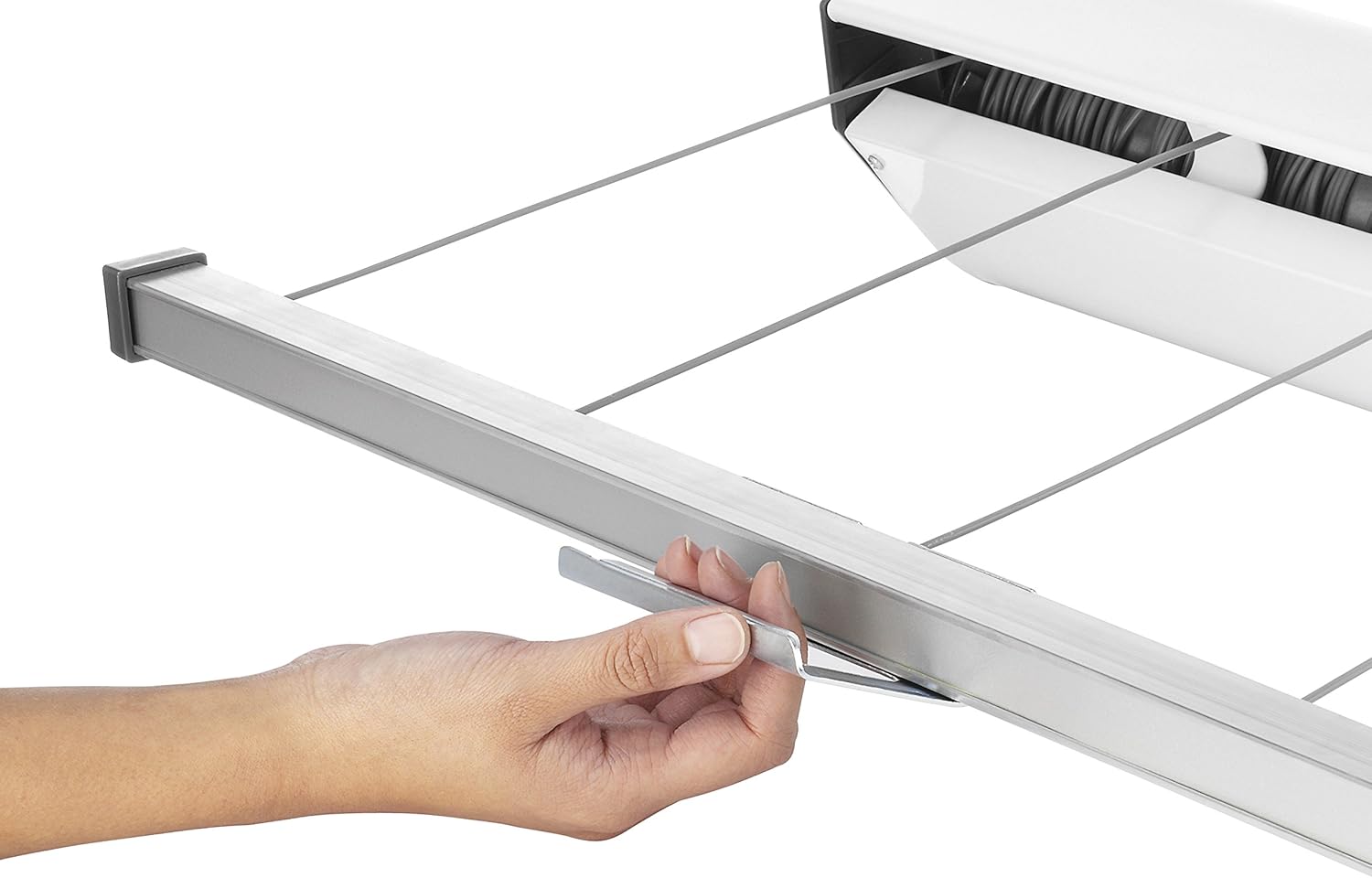 Close-up of the end bracket where the clothesline is secured.