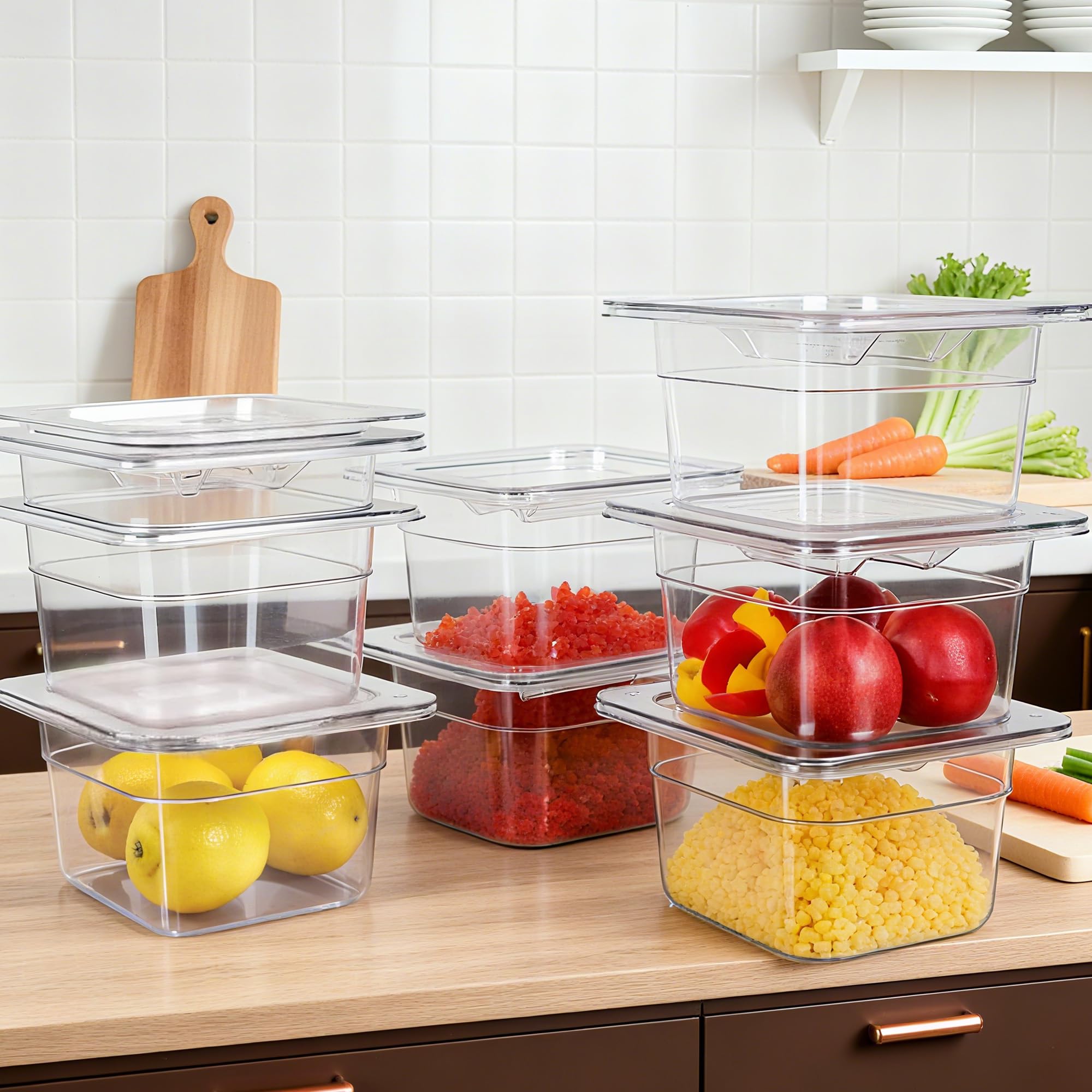 Takywep Confezione da 12 teglie per alimenti in policarbonato da 1/6 con coperchi, profonde da 15,2 cm, impilabili, trasparenti, contenitori di grado commerciale per cucina, frigorifero, hotel e