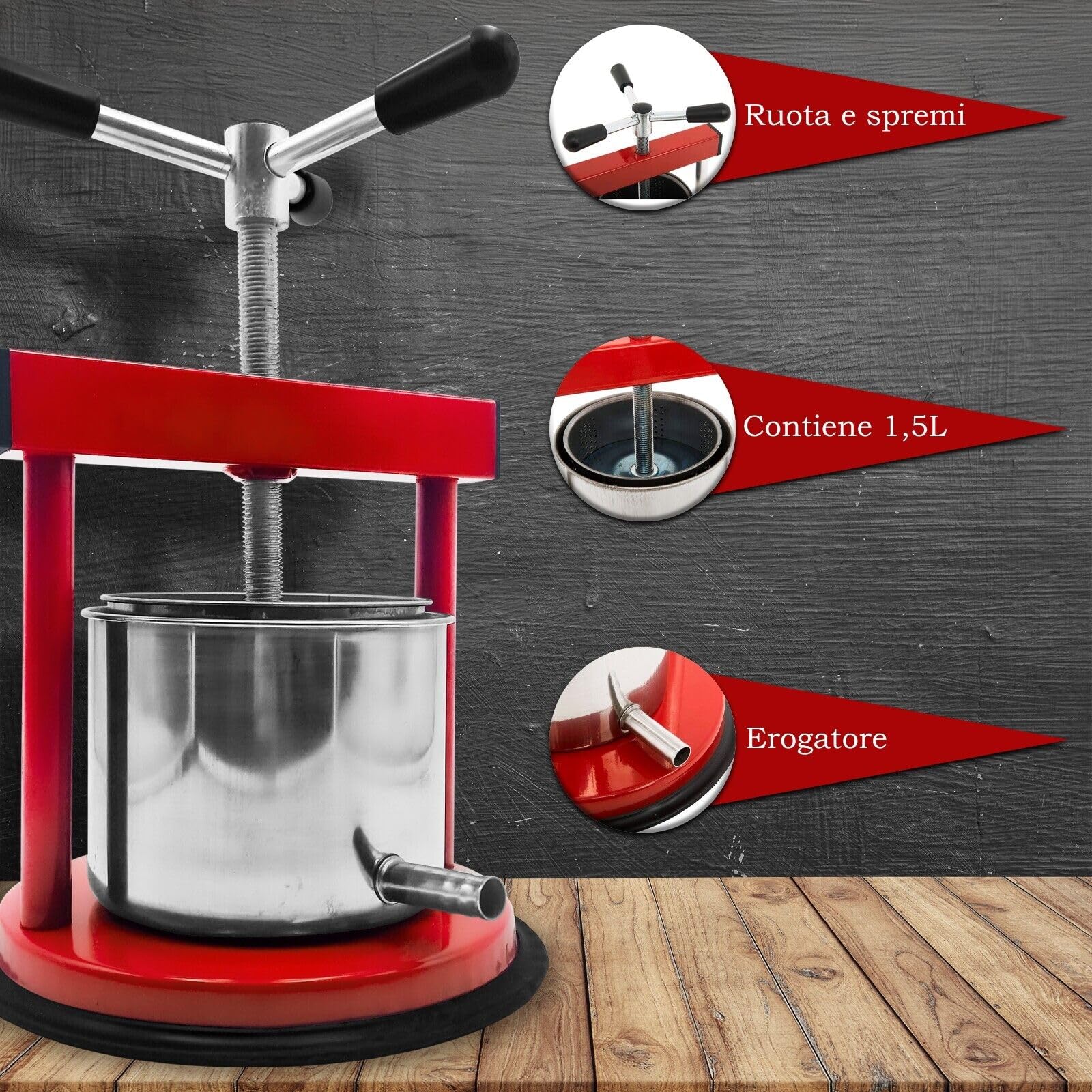 Maka Presse für Auberginen UVA Presse klein groß verschiedene Größen aus Edelstahl oder Aluminium Druckguss Abflussfilter Einfache Verwendung UV (Edelstahl 1,5 Liter Rot)