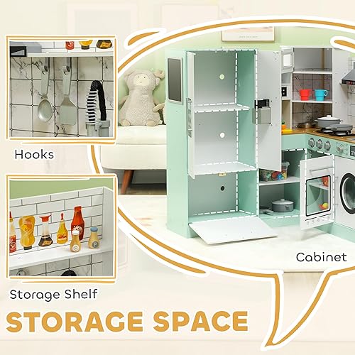 Miniatura 8 de Qaba Cocina de juego de simulación de esquina, juego de cocina de juguete para niños con pizarra, campana extractora, máquina de hielo, estufa,