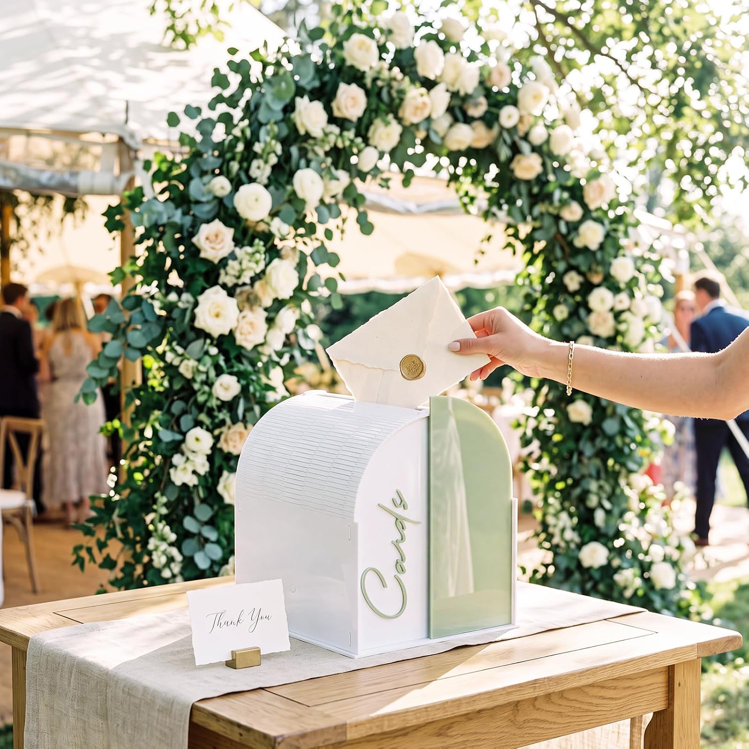Wenqik Arched Acrylic Wedding Card Box with Sage Green Writable Standee