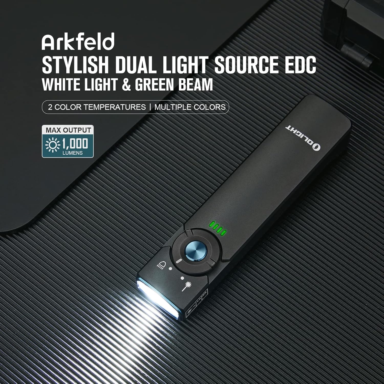 OLIGHT Arkfeld EDC Flat Flashlight, 1000 Lumens White LED Light with Green Beam Combo, Power by Rechargeable Built-in Battery for Outdoors, Emergency, Work (Black CW) - Image 2