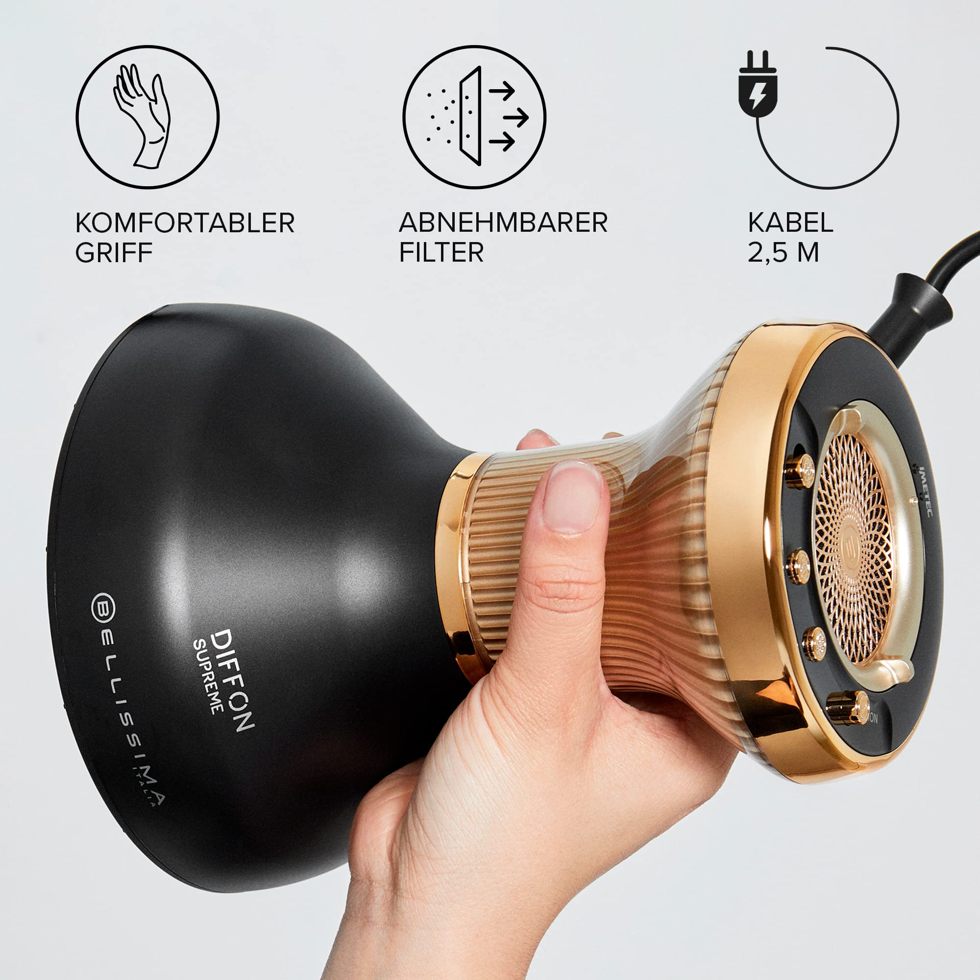Bellissima Diffon Supreme, Heißluftdiffusor für lockiges Haar, XL Diffuser mit 12 Finger, Ceramic Technology & ArganOil, 2 Geschwindigkeiten, 3 Temperaturen, Ionisator, schonend trocknend