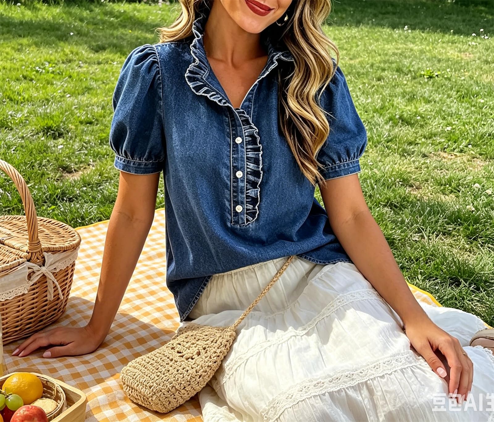 Top en Jean à Volants et Manches Bouffantes — Chemisier en Denim Style péplum — Blouse boutonnée décontractée à Manches Courtes, col en V — Haut d'été