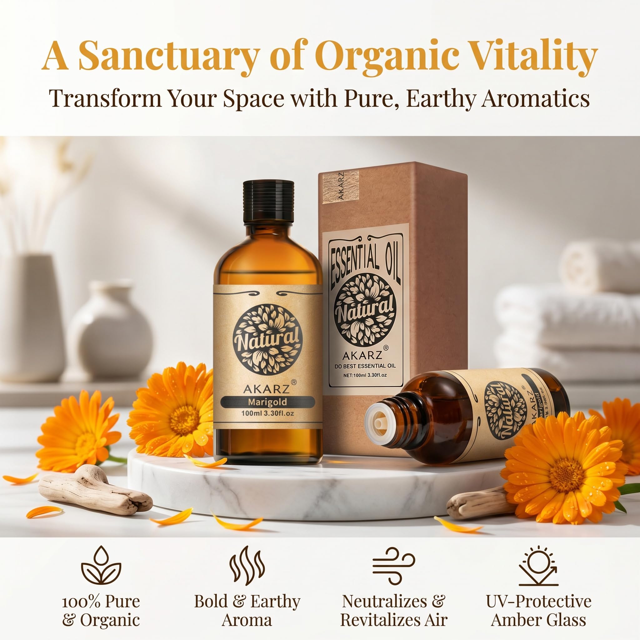 AKARZ 100ml Olejek esencjny z Marigold - Naturalny olejek aromatyczny do dyfuzorów, lamp aromatycznych i aromatów pomieszczeń