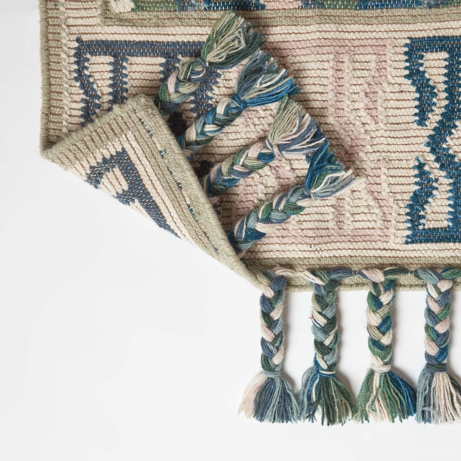HOMESCAPES Tapis de Couloir Kilim en Laine Matala, Tapis Long 66x200 cm, Tapis Vert et Bleu Artisanal