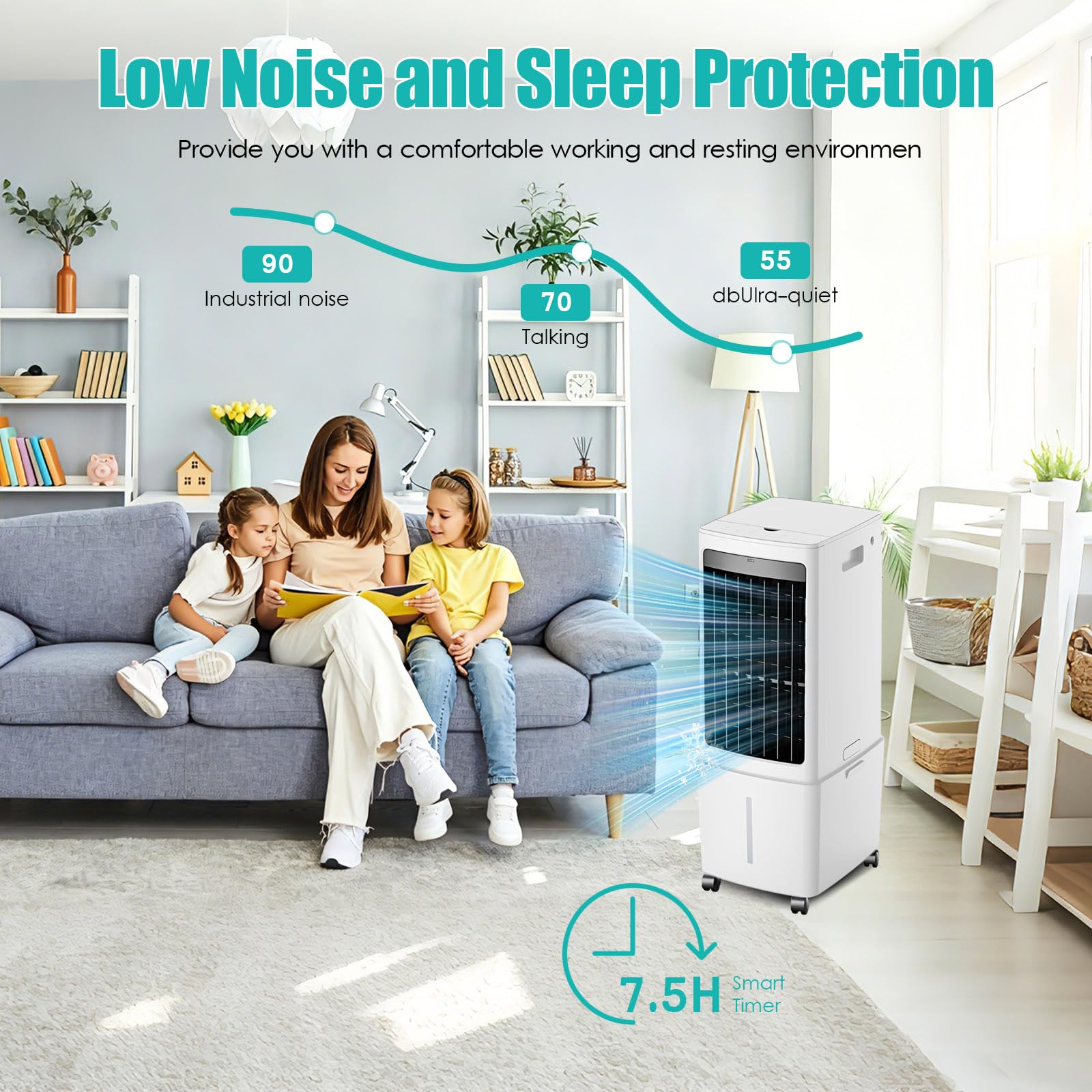 Climatizador Evaporativo 4 en 1 Bajo Consumo, 12L Portátil Sin Tubo 3 Velocidades, 6 Bloques de Hielo, Temporizador 12H, 75W Enfriador de Aire para Casa y Oficina