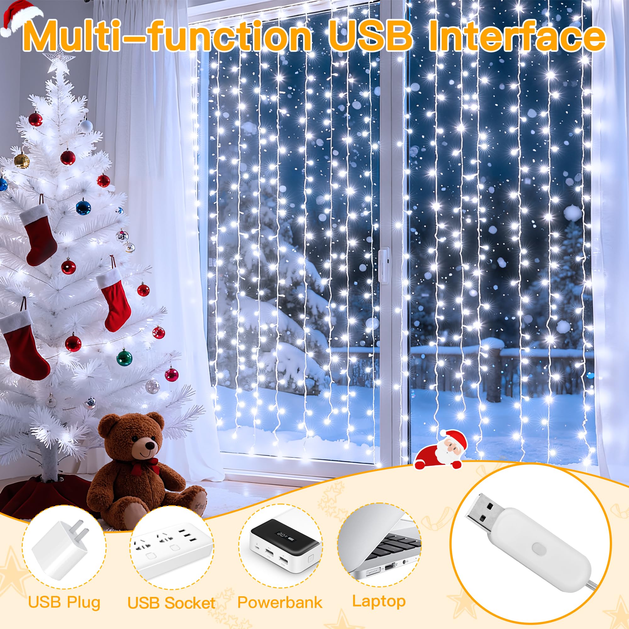 Ollny Curtain Lights 6.6x6.6ft, 200 LED White Christmas Lights with Remote 8 Modes Dimmable Timer, USB Power String Light for Bedroom Backdrop Indoor Window Wedding Decorations